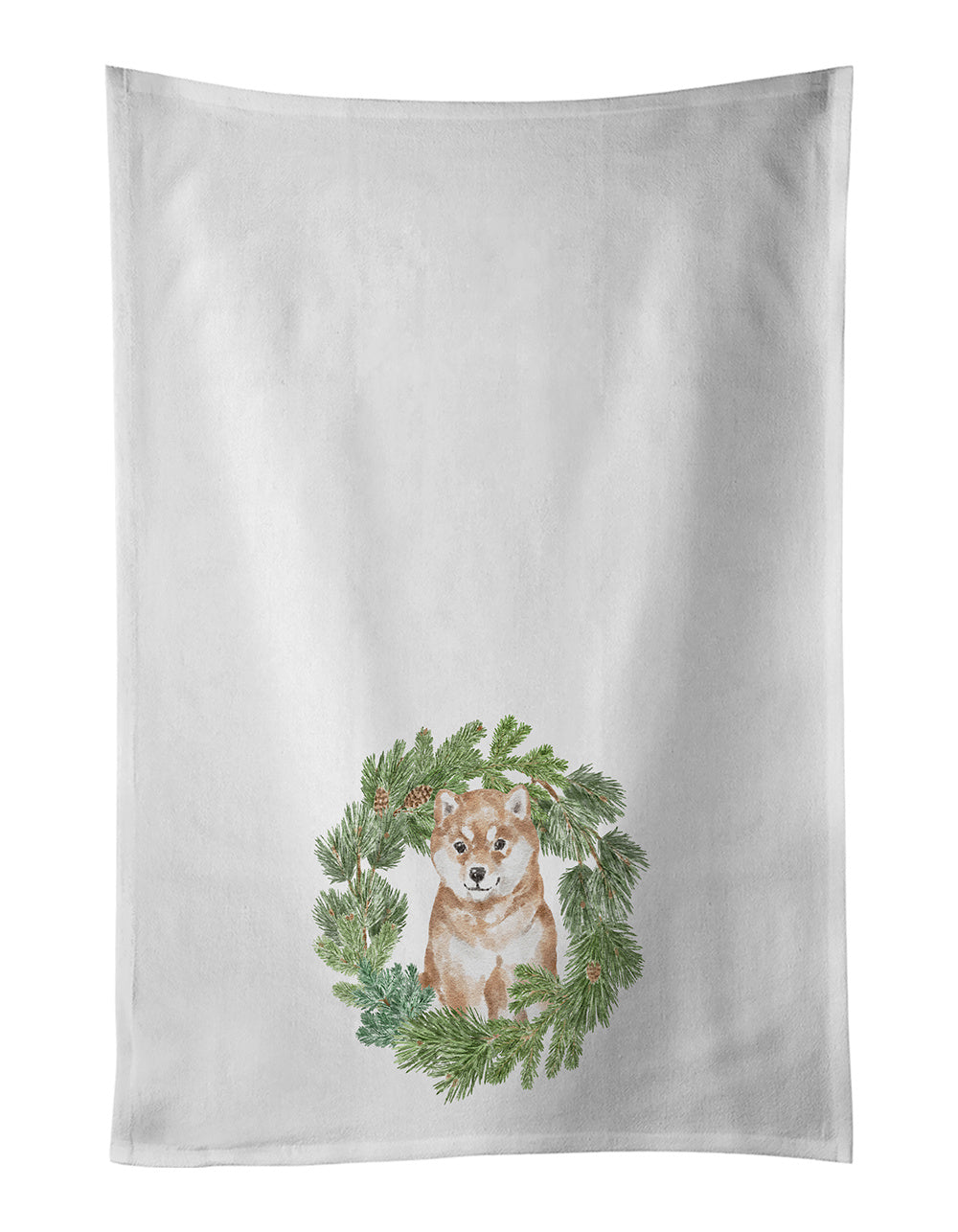 NEW Shiba Inu Puppy Sitting Pretty Christmas Wreath Kitchen Towel Set of 2 White Dish Towels Decorative Bathroom Hand towel for Hand, Face, Hair, Yoga, Tea, Dishcloth, 19 X 28", White