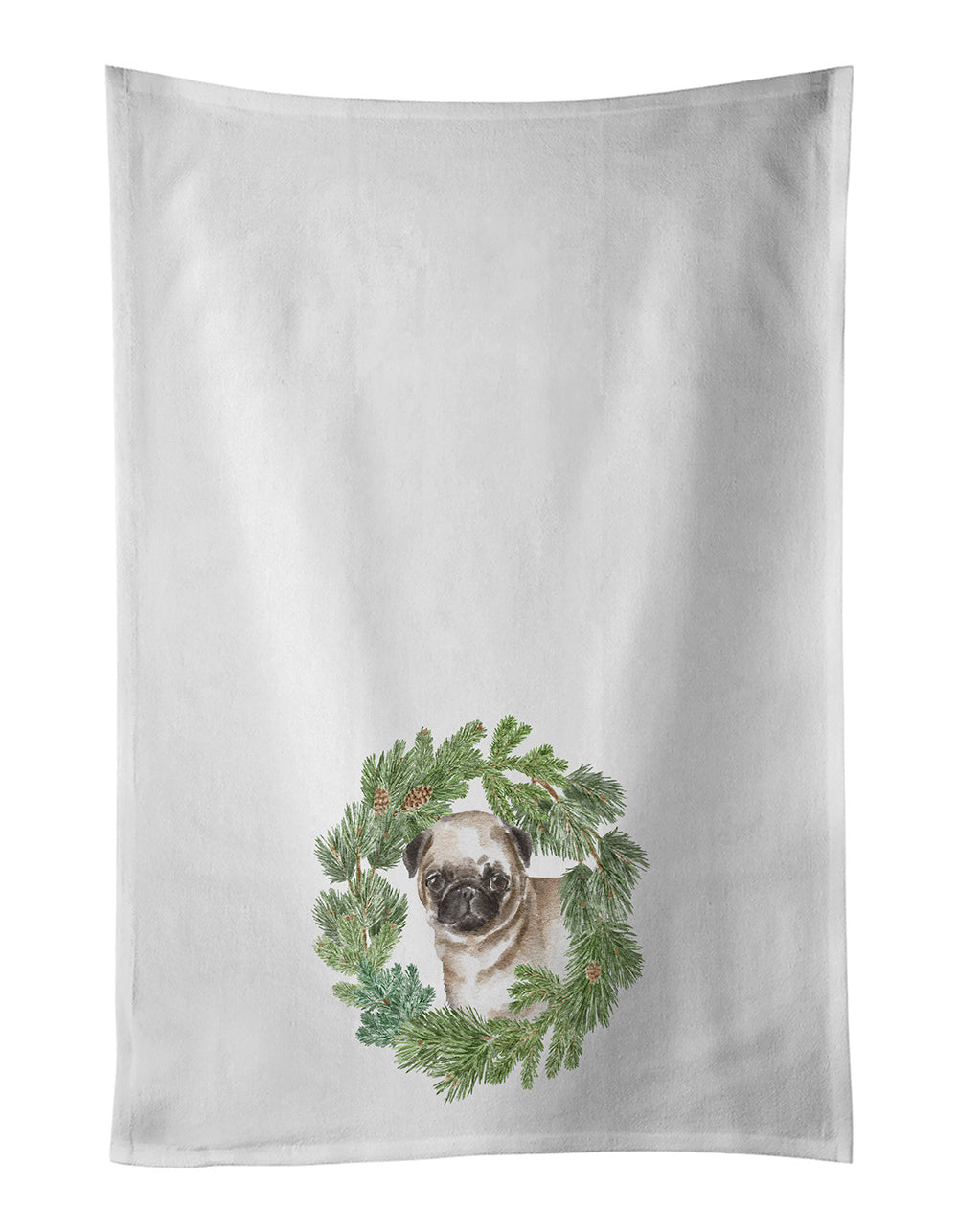 NEW Pug Puppy Fawn Christmas Wreath Kitchen Towel Set of 2 White Dish Towels Decorative Bathroom Hand towel for Hand, Face, Hair, Yoga, Tea, Dishcloth, 19 X 28", White