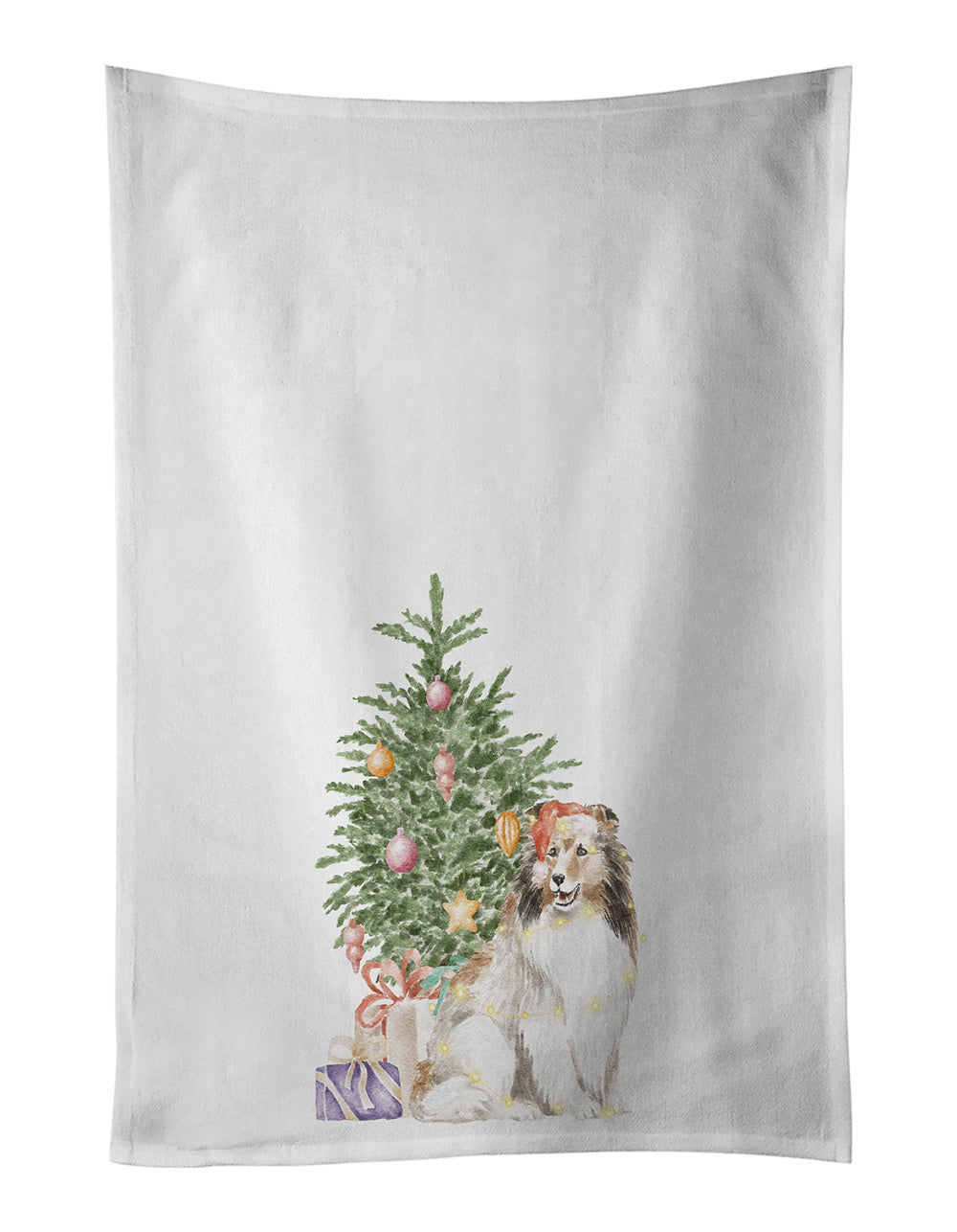 NEW Sheltie Christmas Presents and Tree Kitchen Towel Set of 2 White Dish Towels Decorative Bathroom Hand towel for Hand, Face, Hair, Yoga, Tea, Dishcloth, 19 X 28", White