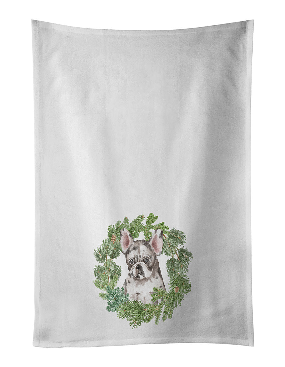 NEW French Bulldog Puppy Pied Christmas Wreath Kitchen Towel Set of 2 White Dish Towels Decorative Bathroom Hand towel for Hand, Face, Hair, Yoga, Tea, Dishcloth, 19 X 28", White