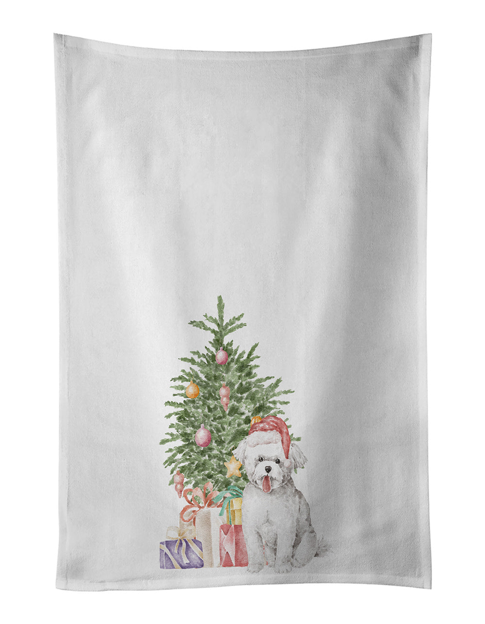 NEW Bichon Frise Puppy Christmas Presents and Tree Kitchen Towel Set of 2 White Dish Towels Decorative Bathroom Hand towel for Hand, Face, Hair, Yoga, Tea, Dishcloth, 19 X 28", White