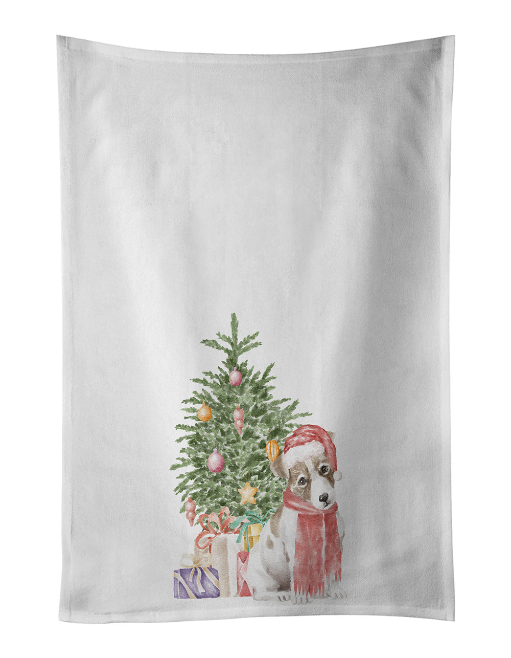 NEW Jack Russell Terrier Smooth Puppy Christmas Presents and Tree Kitchen Towel Set of 2 White Dish Towels Decorative Bathroom Hand towel for Hand, Face, Hair, Yoga, Tea, Dishcloth, 19 X 28", White