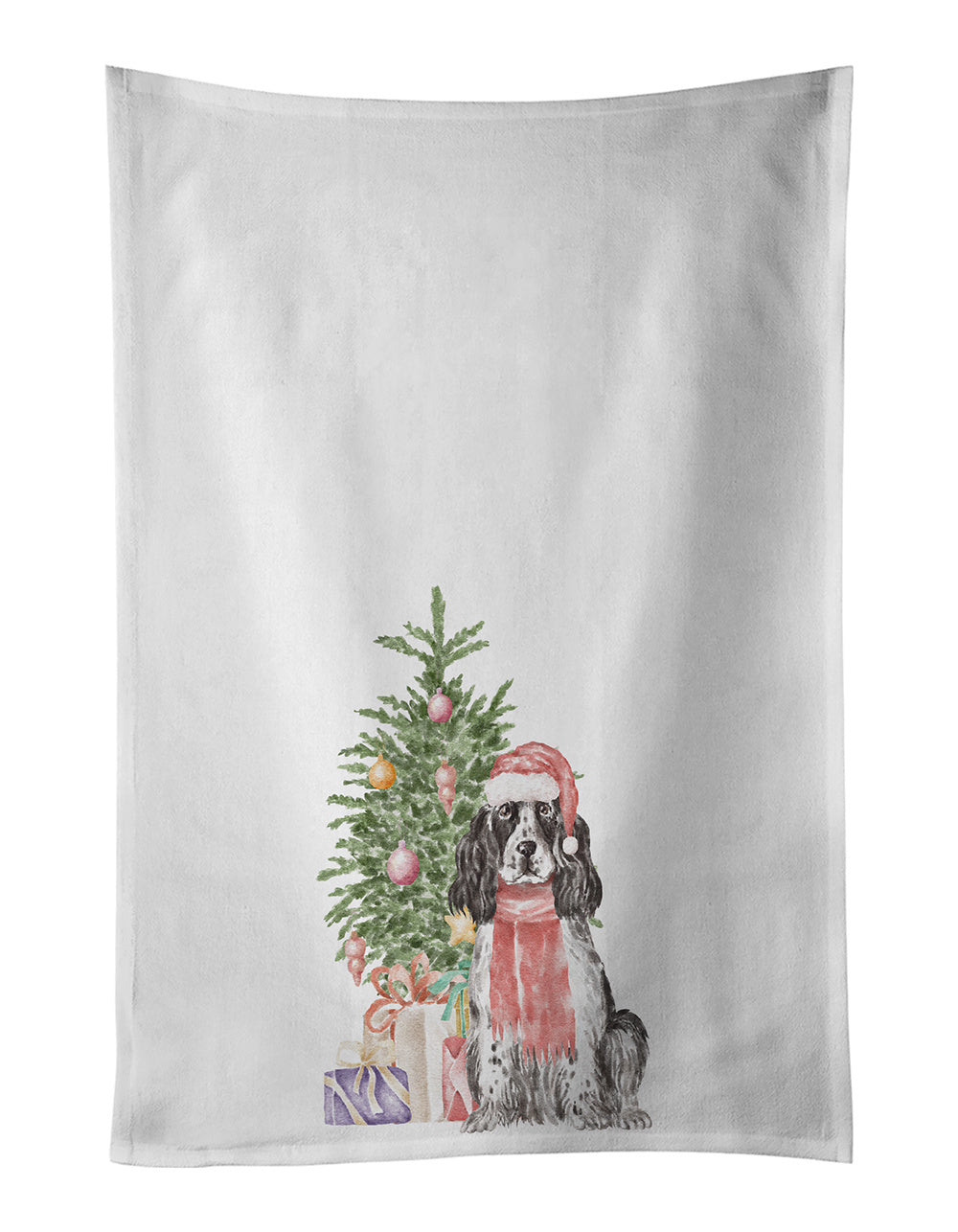 NEW Cocker Spaniel English Black Parti Christmas Presents and Tree Kitchen Towel Set of 2 White Dish Towels Decorative Bathroom Hand towel for Hand, Face, Hair, Yoga, Tea, Dishcloth, 19 X 28", White