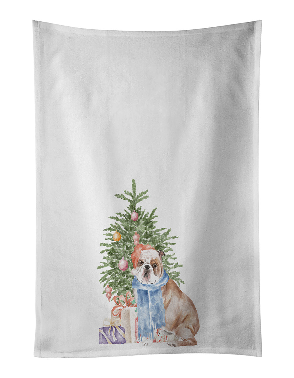 NEW Bulldog, English Bulldog #2 Christmas Presents and Tree Kitchen Towel Set of 2 White Dish Towels Decorative Bathroom Hand towel for Hand, Face, Hair, Yoga, Tea, Dishcloth, 19 X 28", White