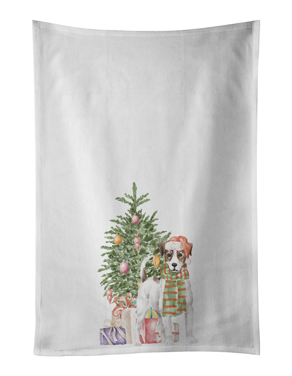 NEW Jack Russell Terrier Smooth Christmas Presents and Tree Kitchen Towel Set of 2 White Dish Towels Decorative Bathroom Hand towel for Hand, Face, Hair, Yoga, Tea, Dishcloth, 19 X 28", White