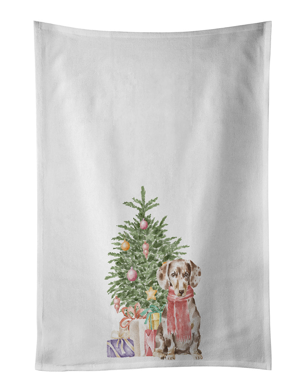 NEW Dachshund Chocolate Piebald Dapple Christmas Presents and Tree Kitchen Towel Set of 2 White Dish Towels Decorative Bathroom Hand towel for Hand, Face, Hair, Yoga, Tea, Dishcloth, 19 X 28", White