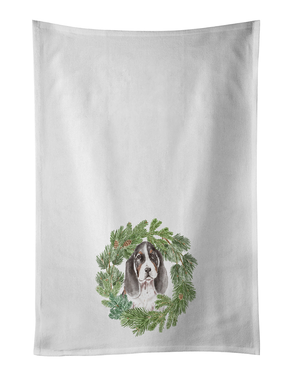 NEW Basset Hound Puppy Tricolor Christmas Wreath Kitchen Towel Set of 2 White Dish Towels Decorative Bathroom Hand towel for Hand, Face, Hair, Yoga, Tea, Dishcloth, 19 X 28", White