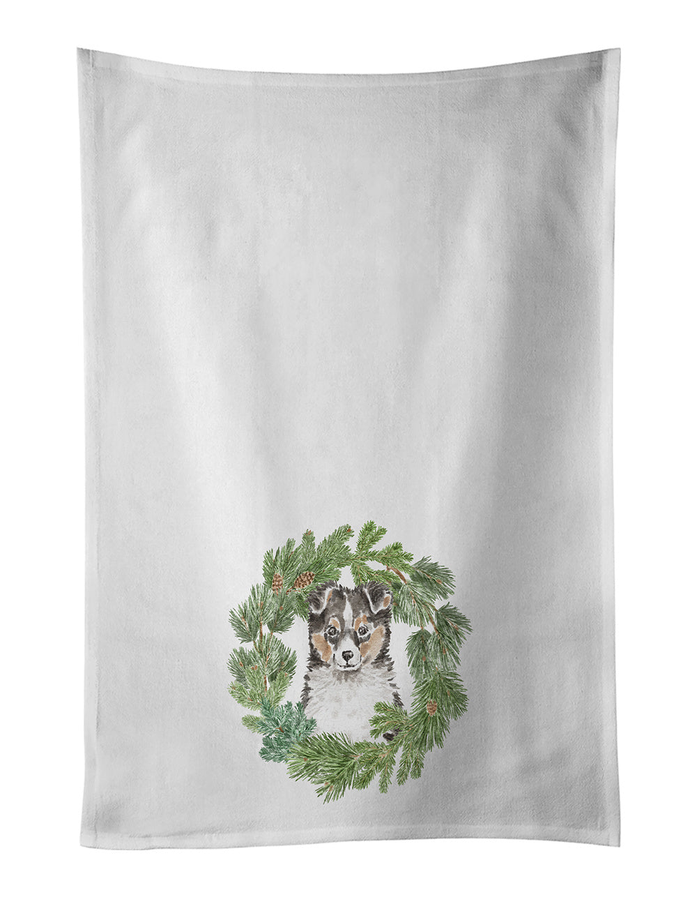 NEW Sheltie/Shetland Sheepdog Puppy Tricolor Christmas Wreath Kitchen Towel Set of 2 White Dish Towels Decorative Bathroom Hand towel for Hand, Face, Hair, Yoga, Tea, Dishcloth, 19 X 28", White