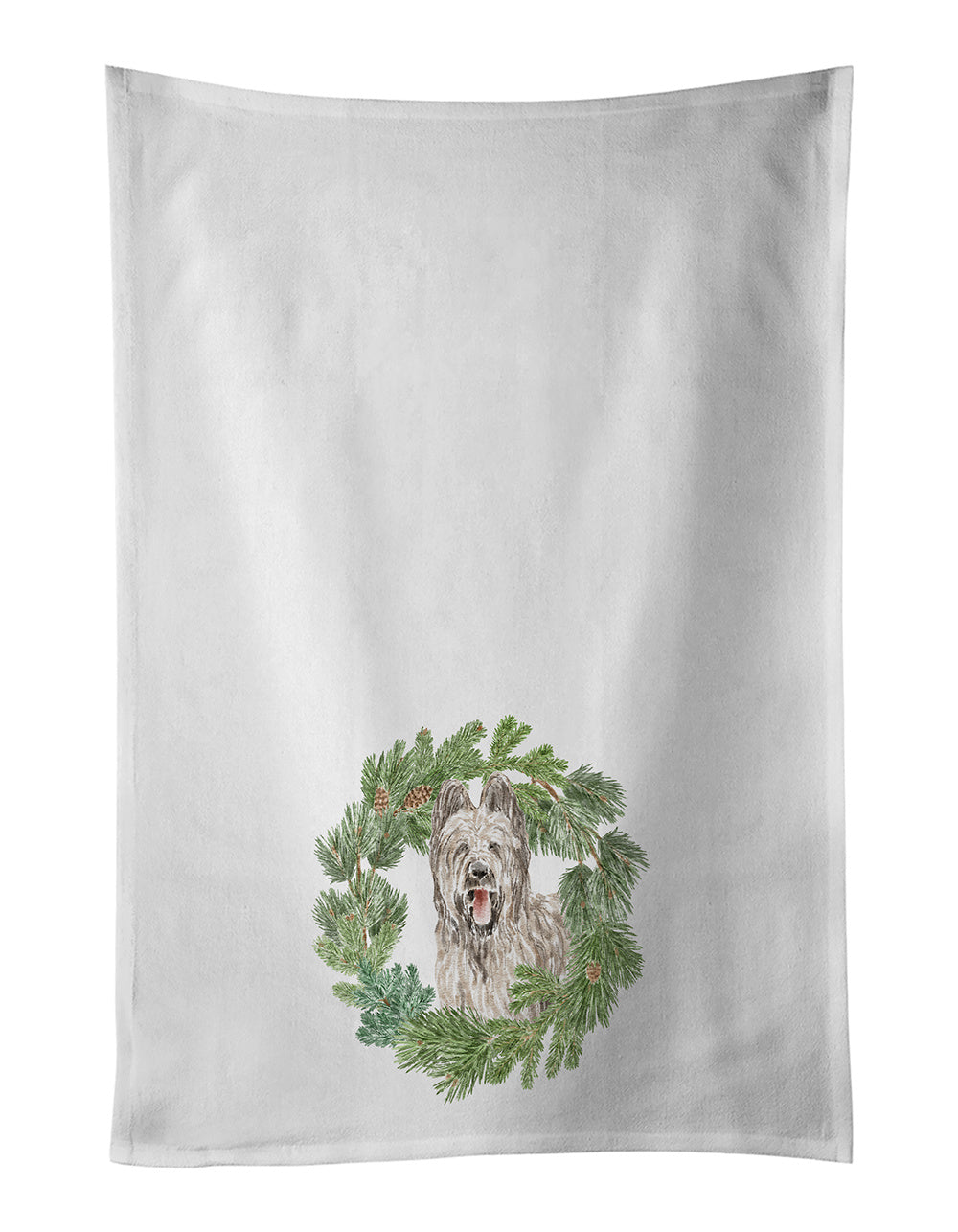 NEW Briard Smiling Ears Up Christmas Wreath Kitchen Towel Set of 2 White Dish Towels Decorative Bathroom Hand towel for Hand, Face, Hair, Yoga, Tea, Dishcloth, 19 X 28", White