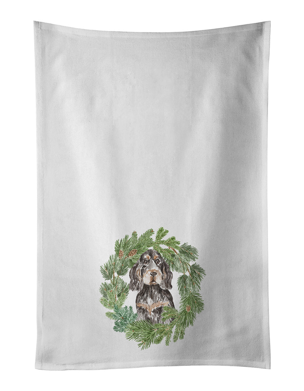 NEW Cocker Spaniel Black Tan Christmas Wreath Kitchen Towel Set of 2 White Dish Towels Decorative Bathroom Hand towel for Hand, Face, Hair, Yoga, Tea, Dishcloth, 19 X 28", White