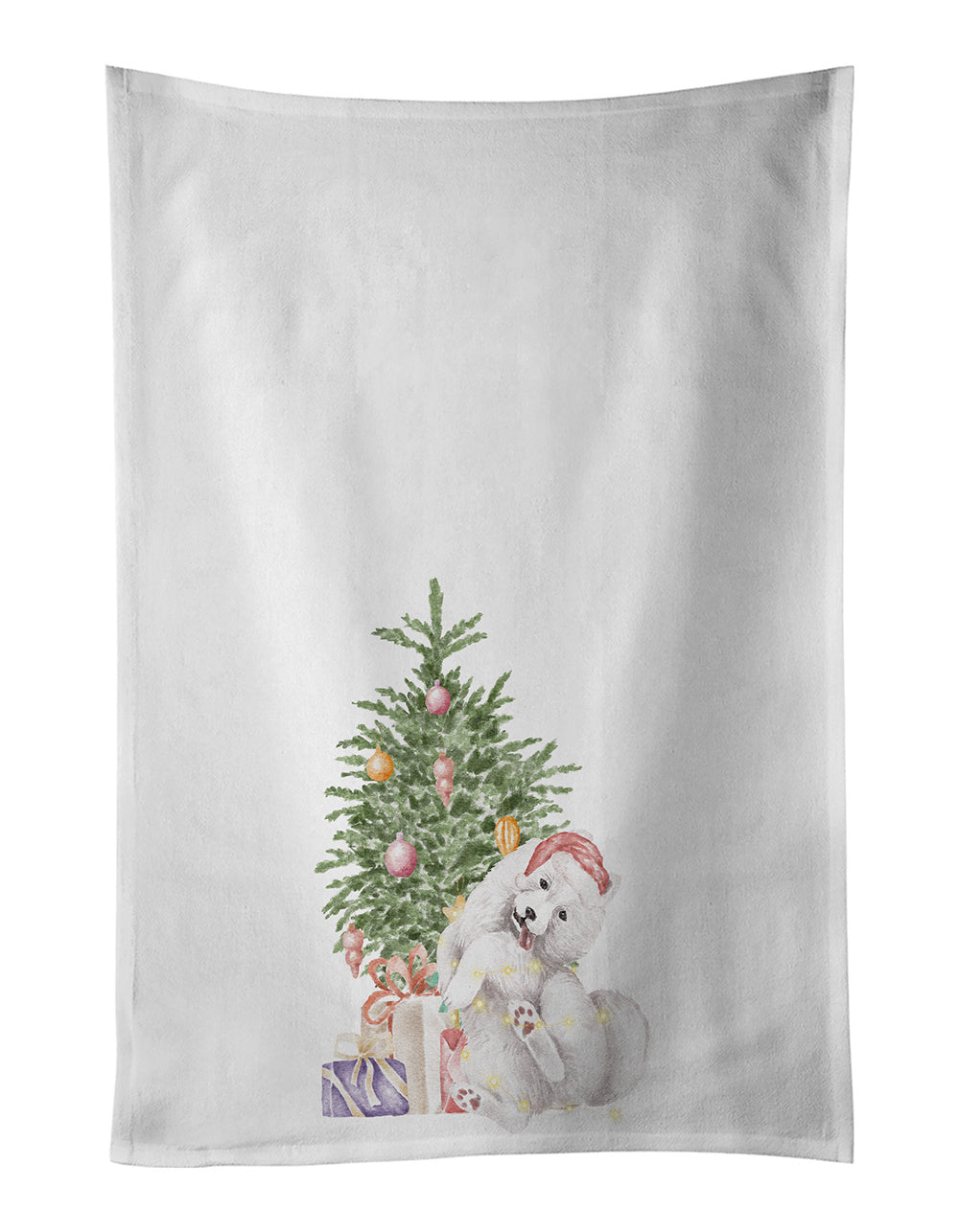 NEW Samoyed Caught Up Christmas Presents and Tree Kitchen Towel Set of 2 White Dish Towels Decorative Bathroom Hand towel for Hand, Face, Hair, Yoga, Tea, Dishcloth, 19 X 28", White