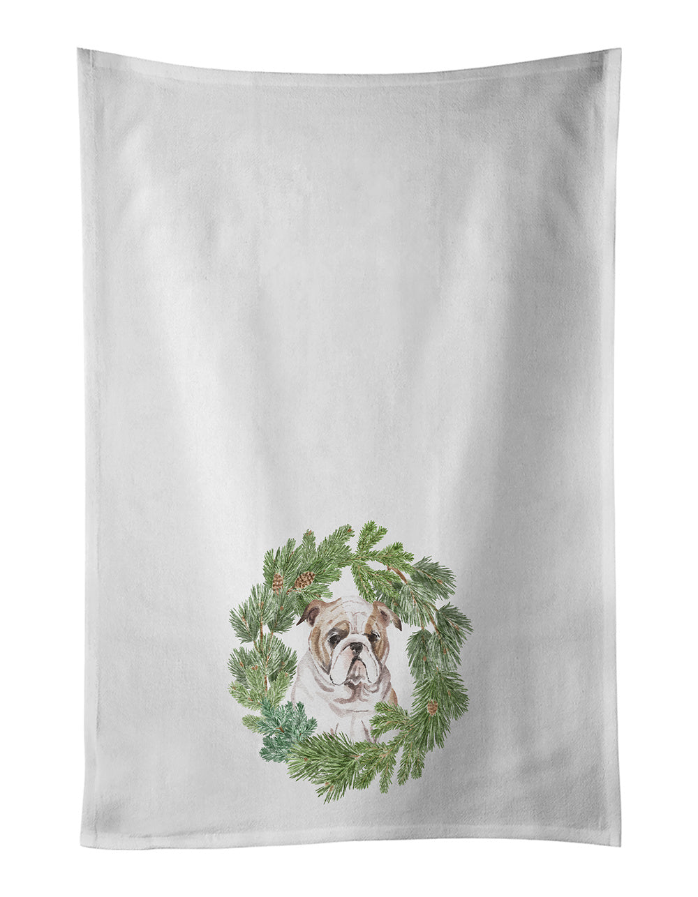 NEW Bulldog Puppy Fawn Christmas Wreath Kitchen Towel Set of 2 White Dish Towels Decorative Bathroom Hand towel for Hand, Face, Hair, Yoga, Tea, Dishcloth, 19 X 28", White