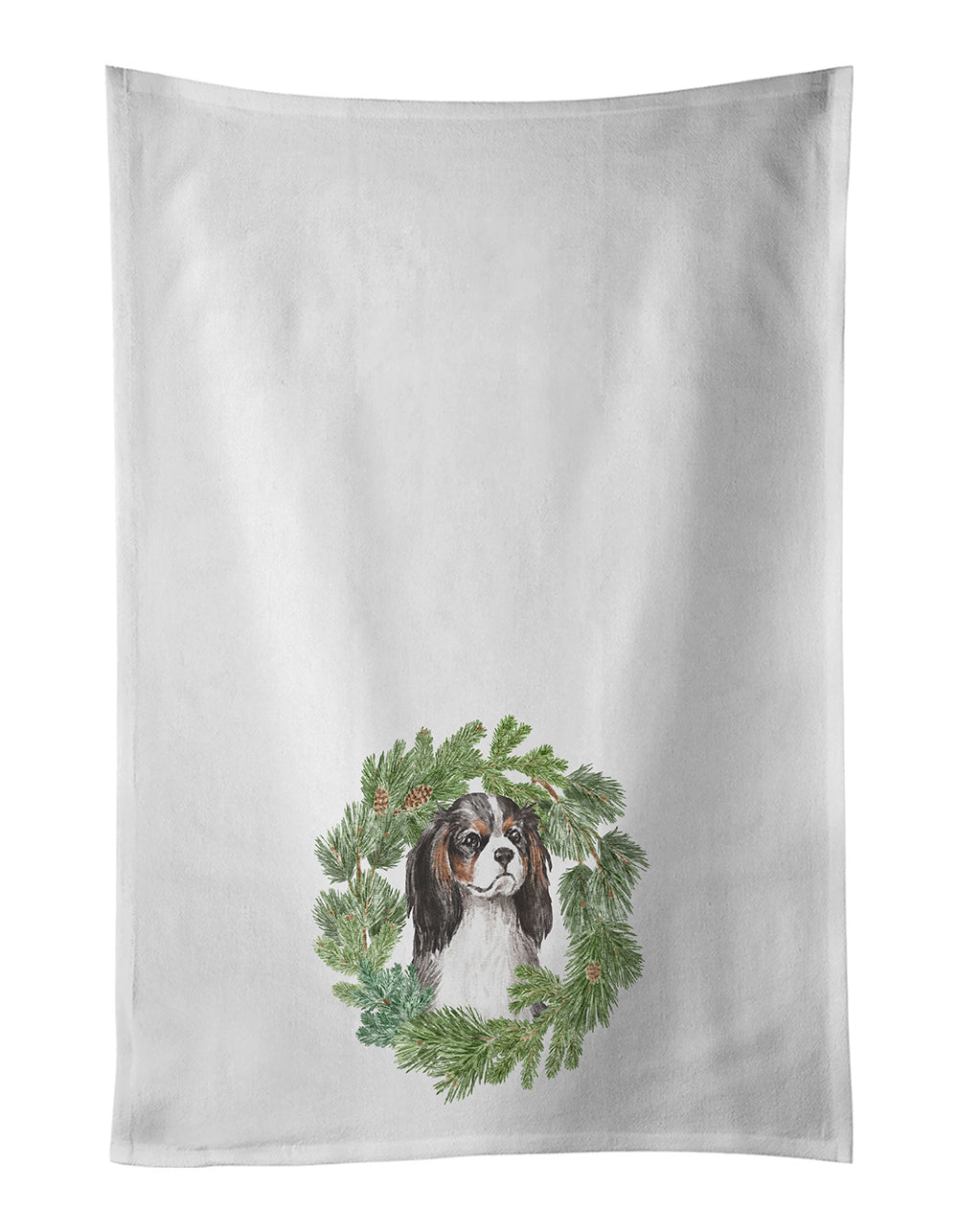 NEW Cavalier Spaniel Tricolor Christmas Wreath Kitchen Towel Set of 2 White Dish Towels Decorative Bathroom Hand towel for Hand, Face, Hair, Yoga, Tea, Dishcloth, 19 X 28", White