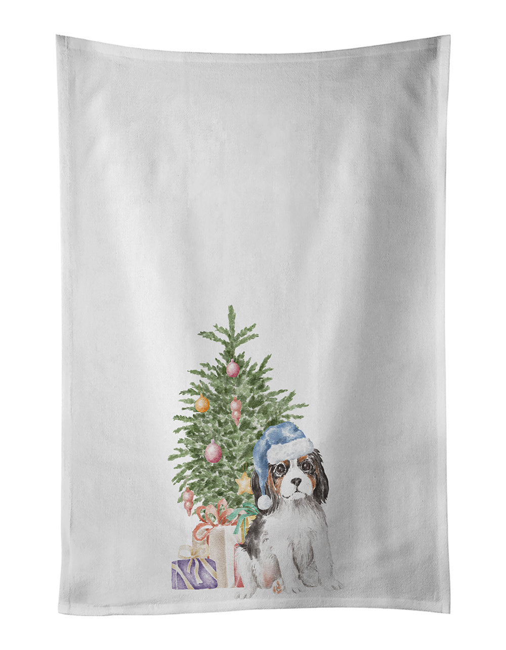 Cavalier Spaniel Tricolor Puppy Christmas Presents and Tree Kitchen Towel Set of 2 White Dish Towels Decorative Bathroom Hand towel for Hand, Face, Hair, Yoga, Tea, Dishcloth, 19 X 28", White