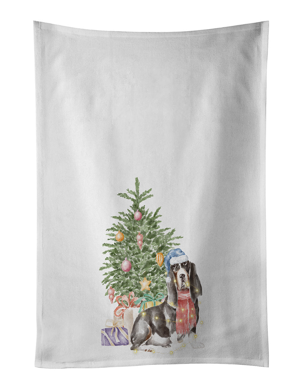 NEW Basset Hound #2 Christmas Presents and Tree Kitchen Towel Set of 2 White Dish Towels Decorative Bathroom Hand towel for Hand, Face, Hair, Yoga, Tea, Dishcloth, 19 X 28", White