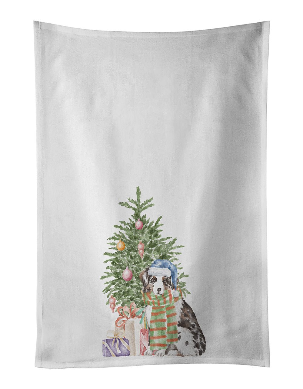 NEW Australian Shepherd Puppy Christmas Presents and Tree Kitchen Towel Set of 2 White Dish Towels Decorative Bathroom Hand towel for Hand, Face, Hair, Yoga, Tea, Dishcloth, 19 X 28", White