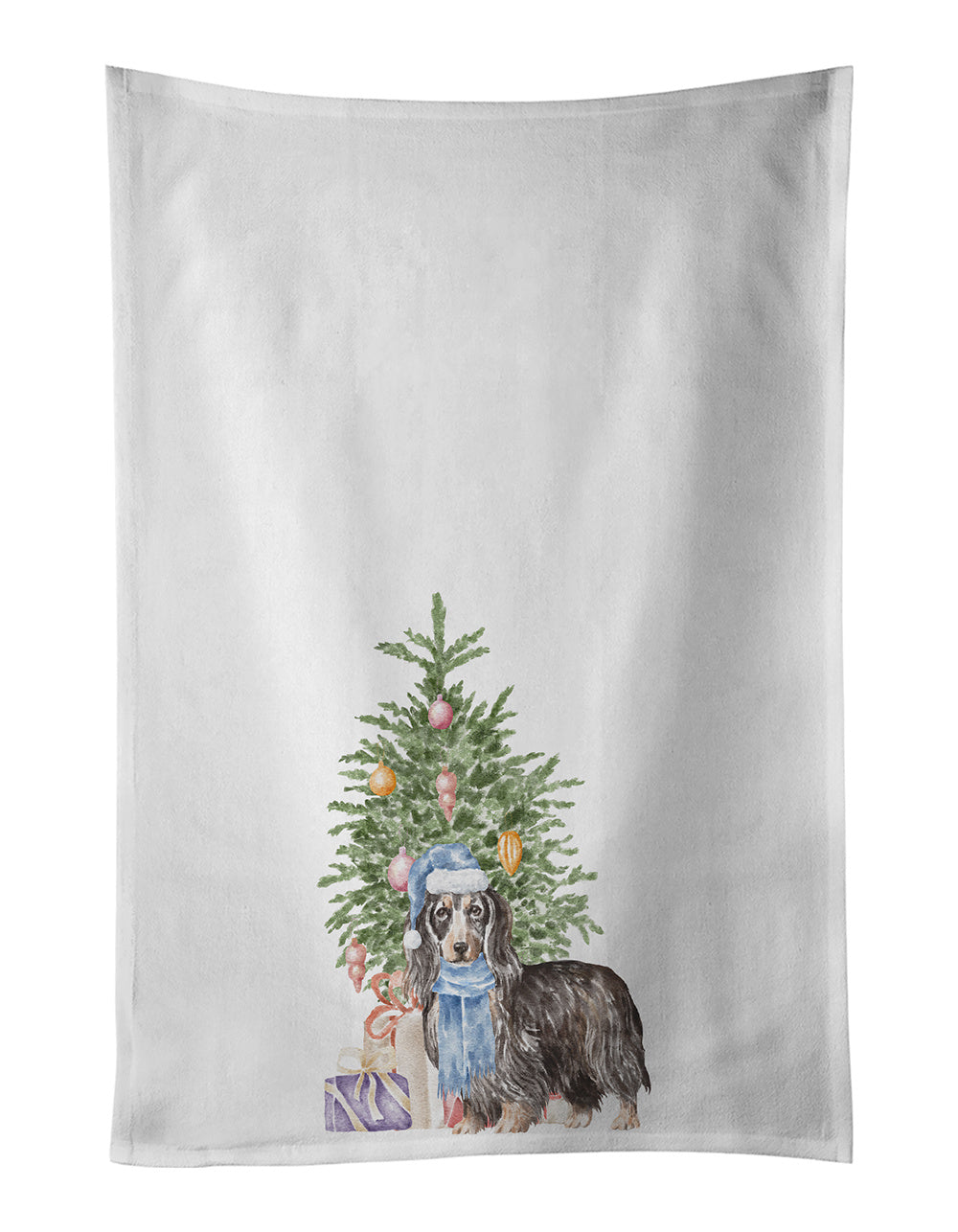 NEW Dachshund Longhair Black Tan Christmas Presents and Tree Kitchen Towel Set of 2 White Dish Towels Decorative Bathroom Hand towel for Hand, Face, Hair, Yoga, Tea, Dishcloth, 19 X 28", White