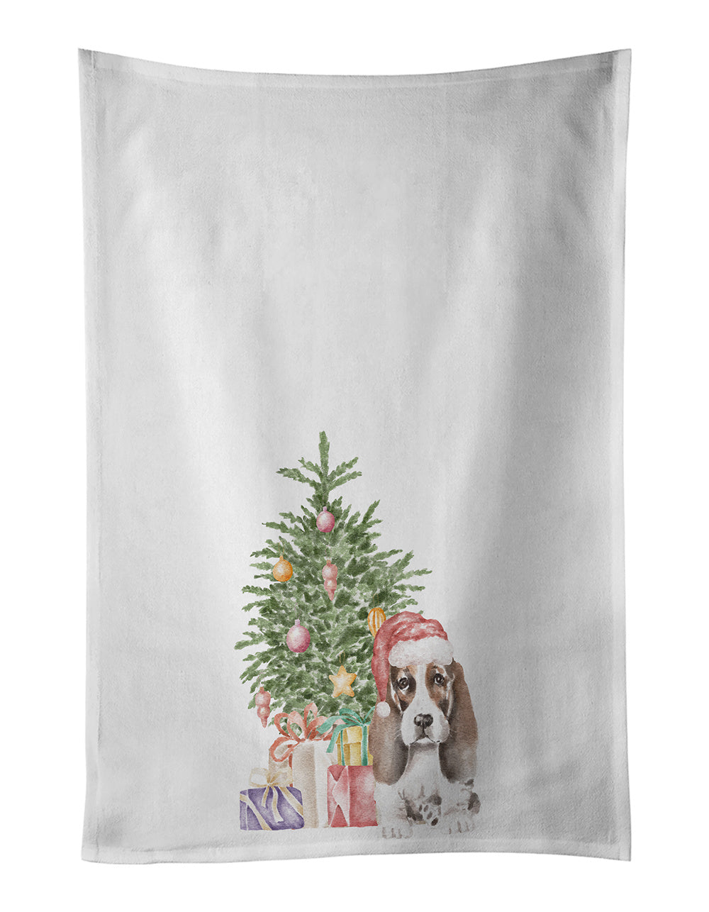 Basset Hound Puppy #2 Christmas Presents and Tree Kitchen Towel Set of 2 White Dish Towels Decorative Bathroom Hand towel for Hand, Face, Hair, Yoga, Tea, Dishcloth, 19 X 28", White