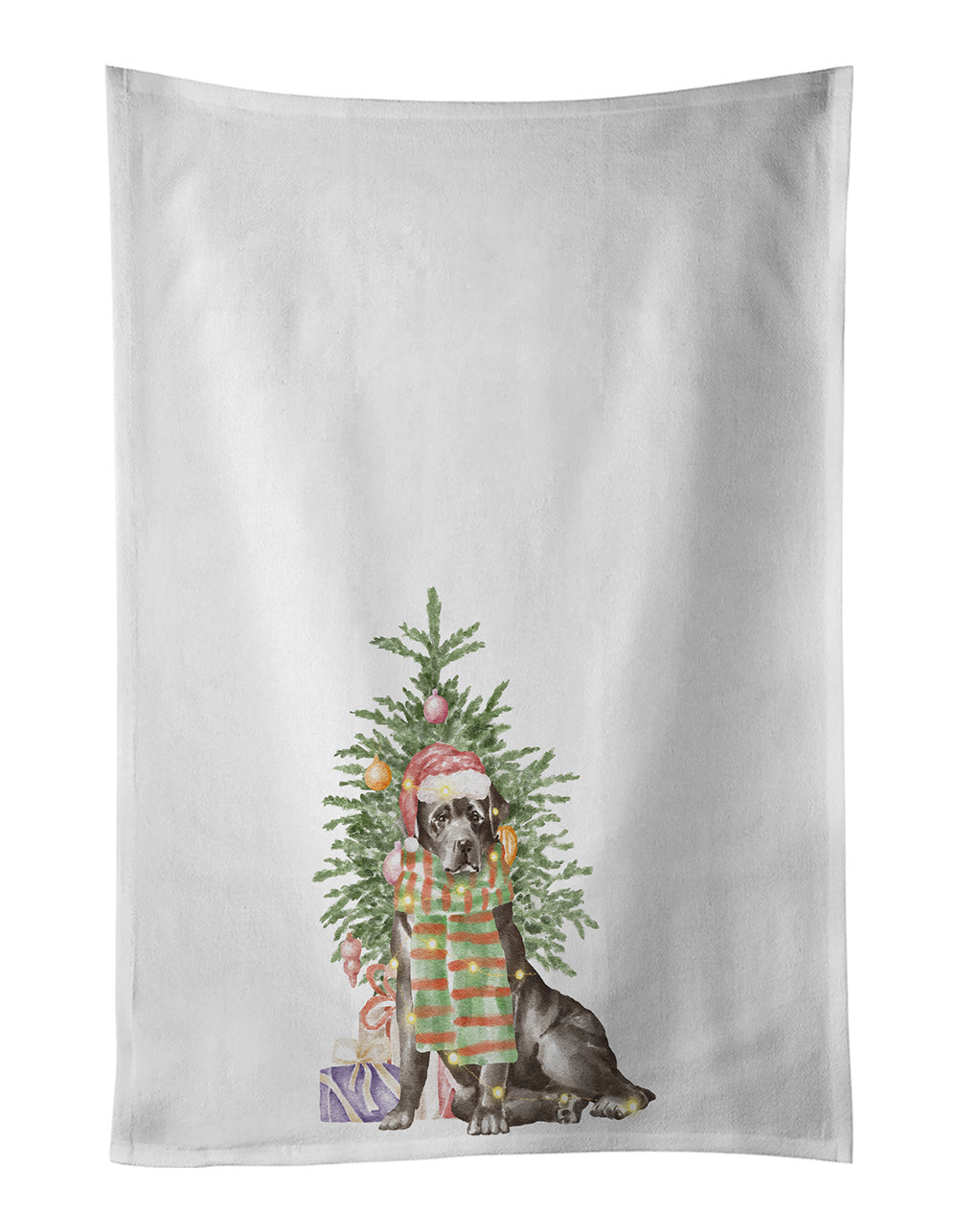 NEW Labrador Retriever Black Christmas Presents and Tree Kitchen Towel Set of 2 White Dish Towels Decorative Bathroom Hand towel for Hand, Face, Hair, Yoga, Tea, Dishcloth, 19 X 28", White