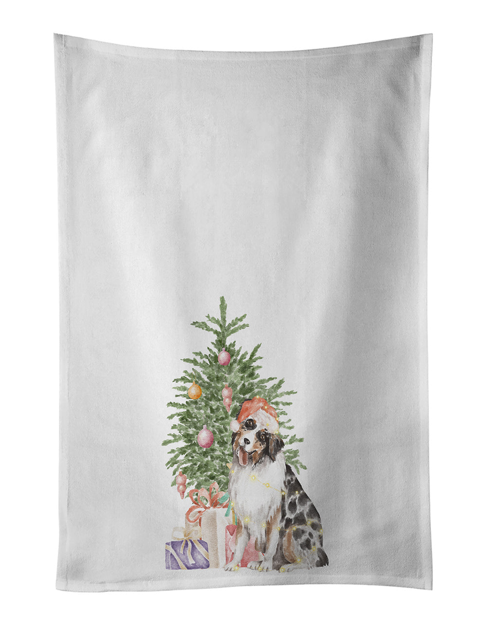 NEW Australian Shepherd #2 Christmas Presents and Tree Kitchen Towel Set of 2 White Dish Towels Decorative Bathroom Hand towel for Hand, Face, Hair, Yoga, Tea, Dishcloth, 19 X 28", White