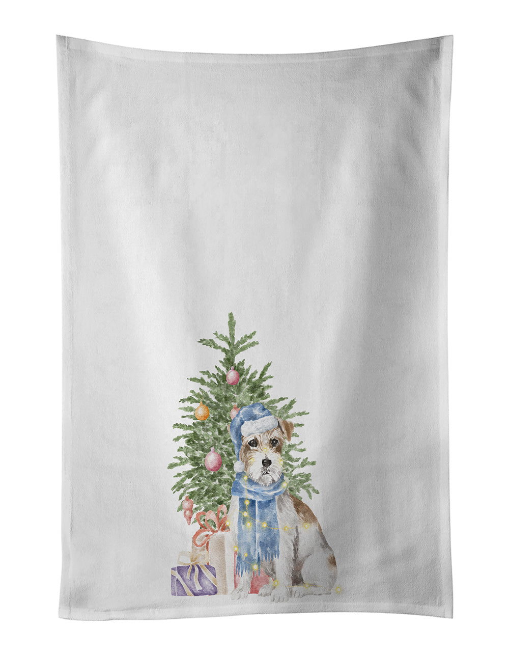 NEW Jack Russell Terrier Wire Christmas Presents and Tree Kitchen Towel Set of 2 White Dish Towels Decorative Bathroom Hand towel for Hand, Face, Hair, Yoga, Tea, Dishcloth, 19 X 28", White