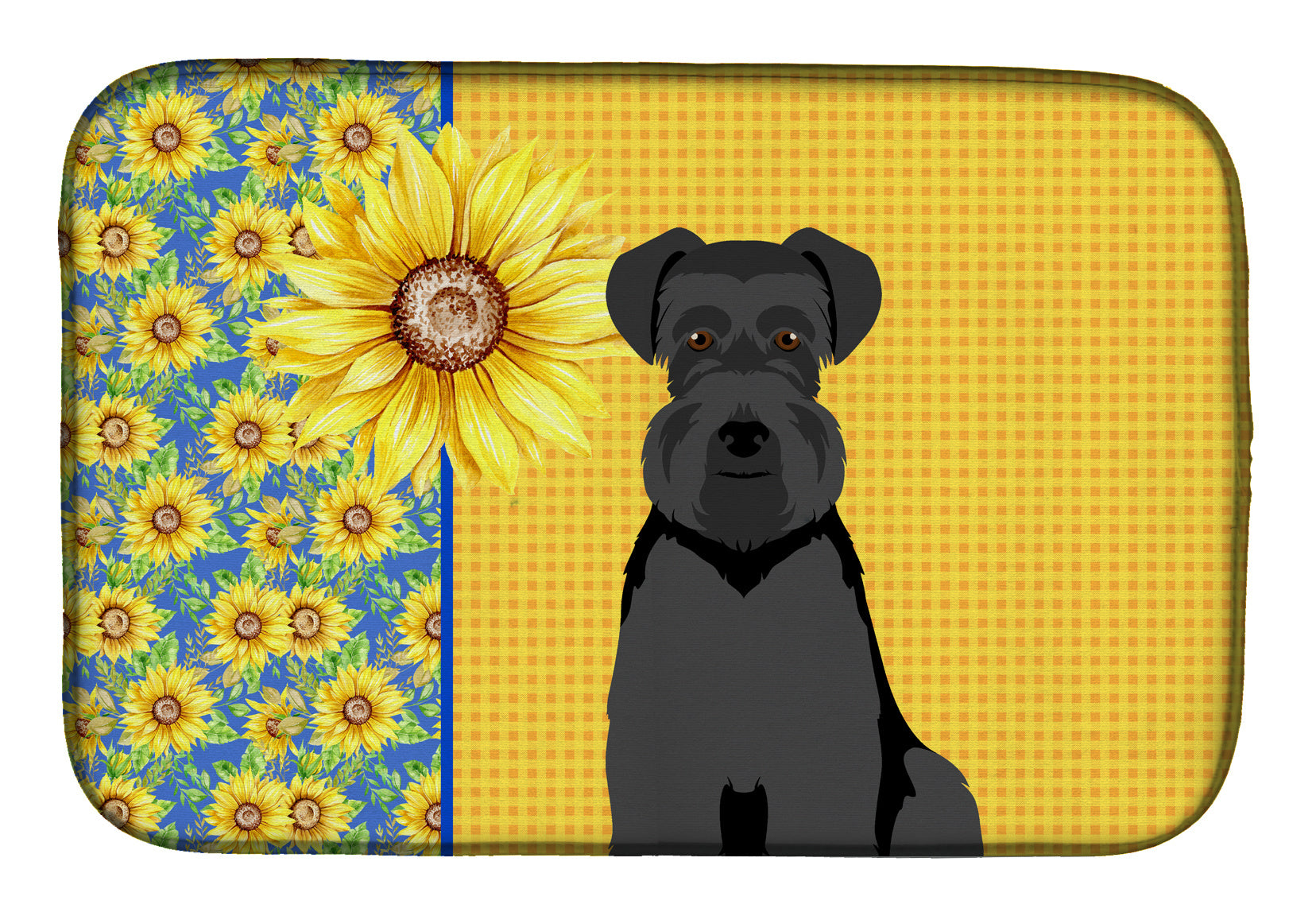 Summer Sunflowers Black Natural Ears Schnauzer Dish Drying Mat Absorbent Dish Drying Mat Pad for Kitchen Counter Dish Drainer Mat for Countertop, 14 x 21", Multicolor