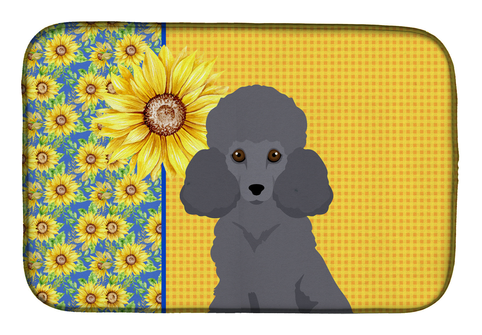 Summer Sunflowers Toy Grey Poodle Dish Drying Mat Absorbent Dish Drying Mat Pad for Kitchen Counter Dish Drainer Mat for Countertop, 14 x 21", Multicolor