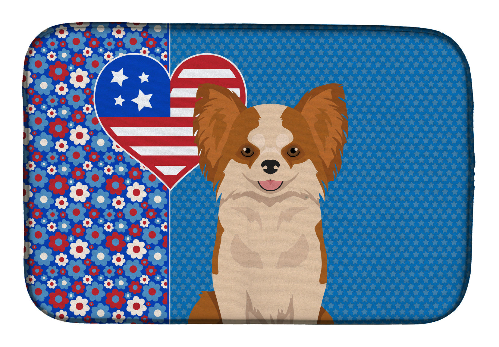 Longhaired Red and White Chihuahua USA American Dish Drying Mat Absorbent Dish Drying Mat Pad for Kitchen Counter Dish Drainer Mat for Countertop, 14 x 21", Multicolor