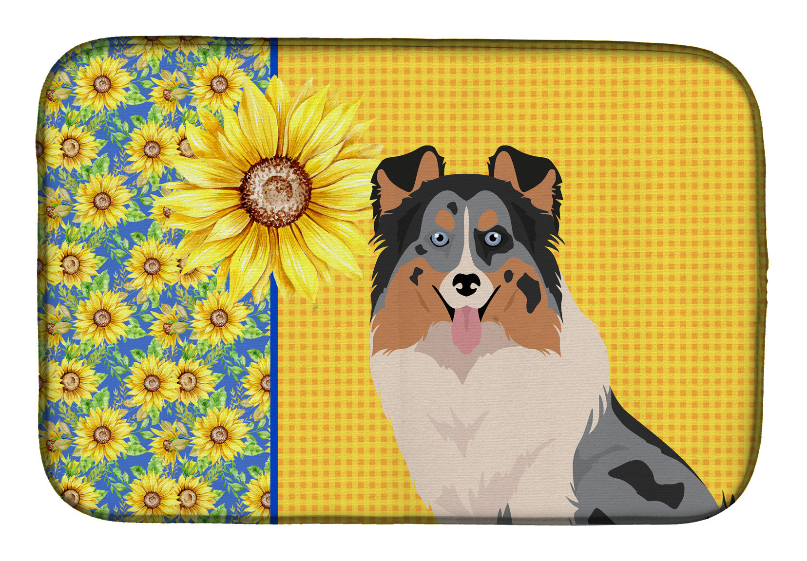 Summer Sunflowers Blue Merle Sheltie Dish Drying Mat Absorbent Dish Drying Mat Pad for Kitchen Counter Dish Drainer Mat for Countertop, 14 x 21", Multicolor