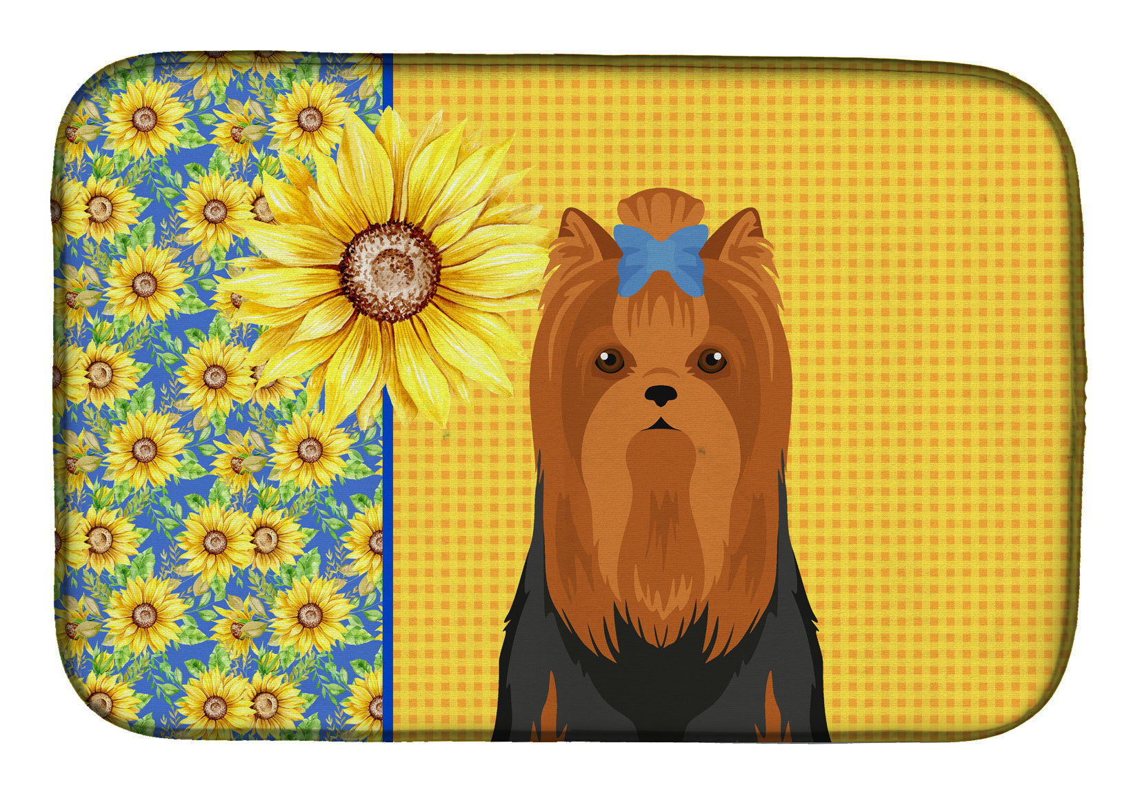 Summer Sunflowers Black and Tan Full Coat Yorkshire Terrier Dish Drying Mat Absorbent Dish Drying Mat Pad for Kitchen Counter Dish Drainer Mat for Countertop, 14 x 21", Multicolor