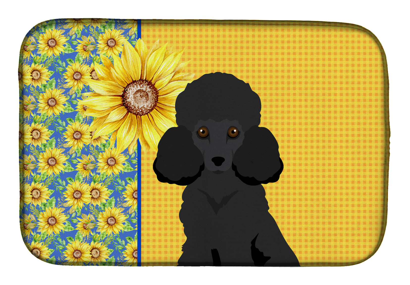 Summer Sunflowers Toy Black Poodle Dish Drying Mat Absorbent Dish Drying Mat Pad for Kitchen Counter Dish Drainer Mat for Countertop, 14 x 21", Multicolor