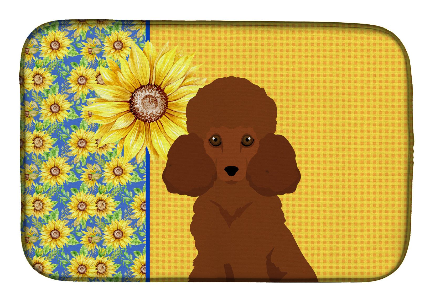 Summer Sunflowers Toy Red Poodle Dish Drying Mat Absorbent Dish Drying Mat Pad for Kitchen Counter Dish Drainer Mat for Countertop, 14 x 21", Multicolor