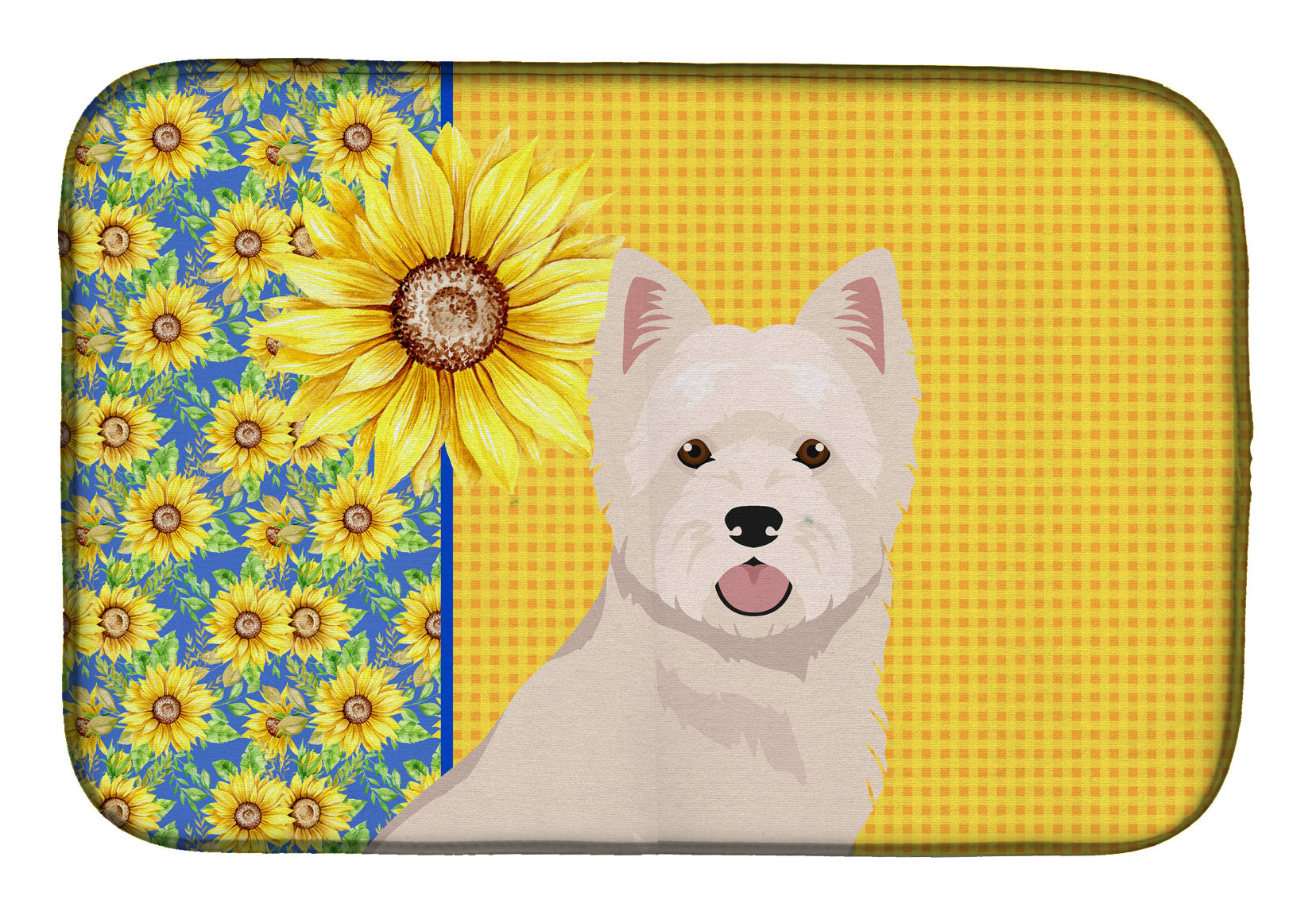 Summer Sunflowers Westie West Highland White Terrier Dish Drying Mat Absorbent Dish Drying Mat Pad for Kitchen Counter Dish Drainer Mat for Countertop, 14 x 21", Multicolor