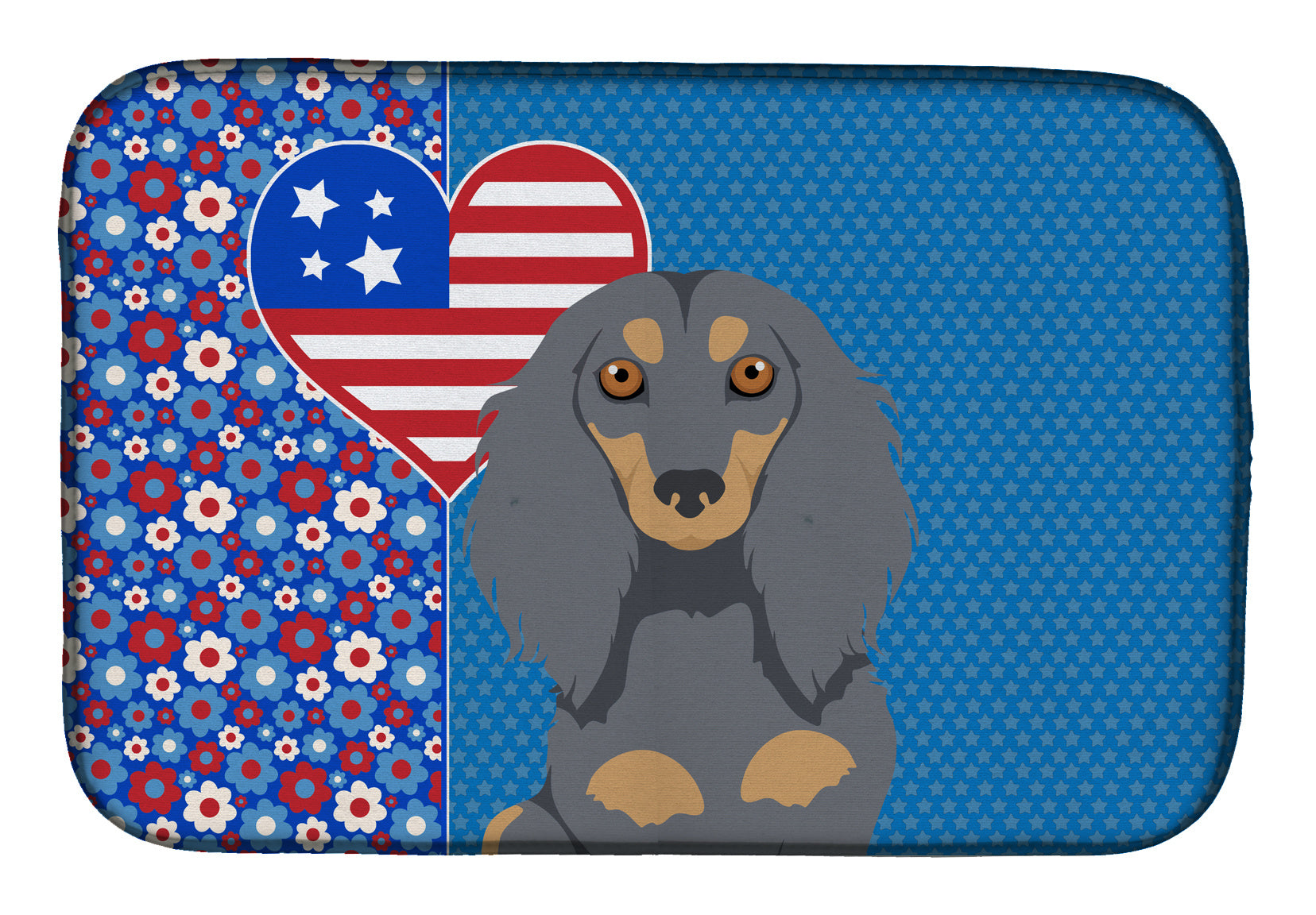 Longhair Blue and Tan Dachshund USA American Dish Drying Mat Absorbent Dish Drying Mat Pad for Kitchen Counter Dish Drainer Mat for Countertop, 14 x 21", Multicolor