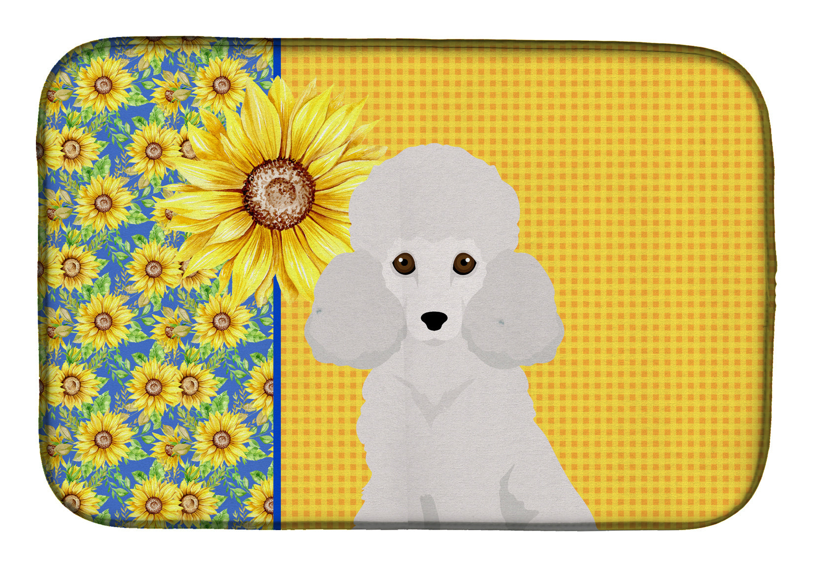 Summer Sunflowers Toy White Poodle Dish Drying Mat Absorbent Dish Drying Mat Pad for Kitchen Counter Dish Drainer Mat for Countertop, 14 x 21", Multicolor