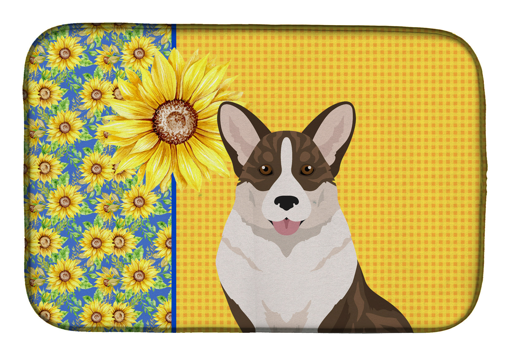 Summer Sunflowers Brindle Cardigan Corgi Dish Drying Mat Absorbent Dish Drying Mat Pad for Kitchen Counter Dish Drainer Mat for Countertop, 14 x 21", Multicolor