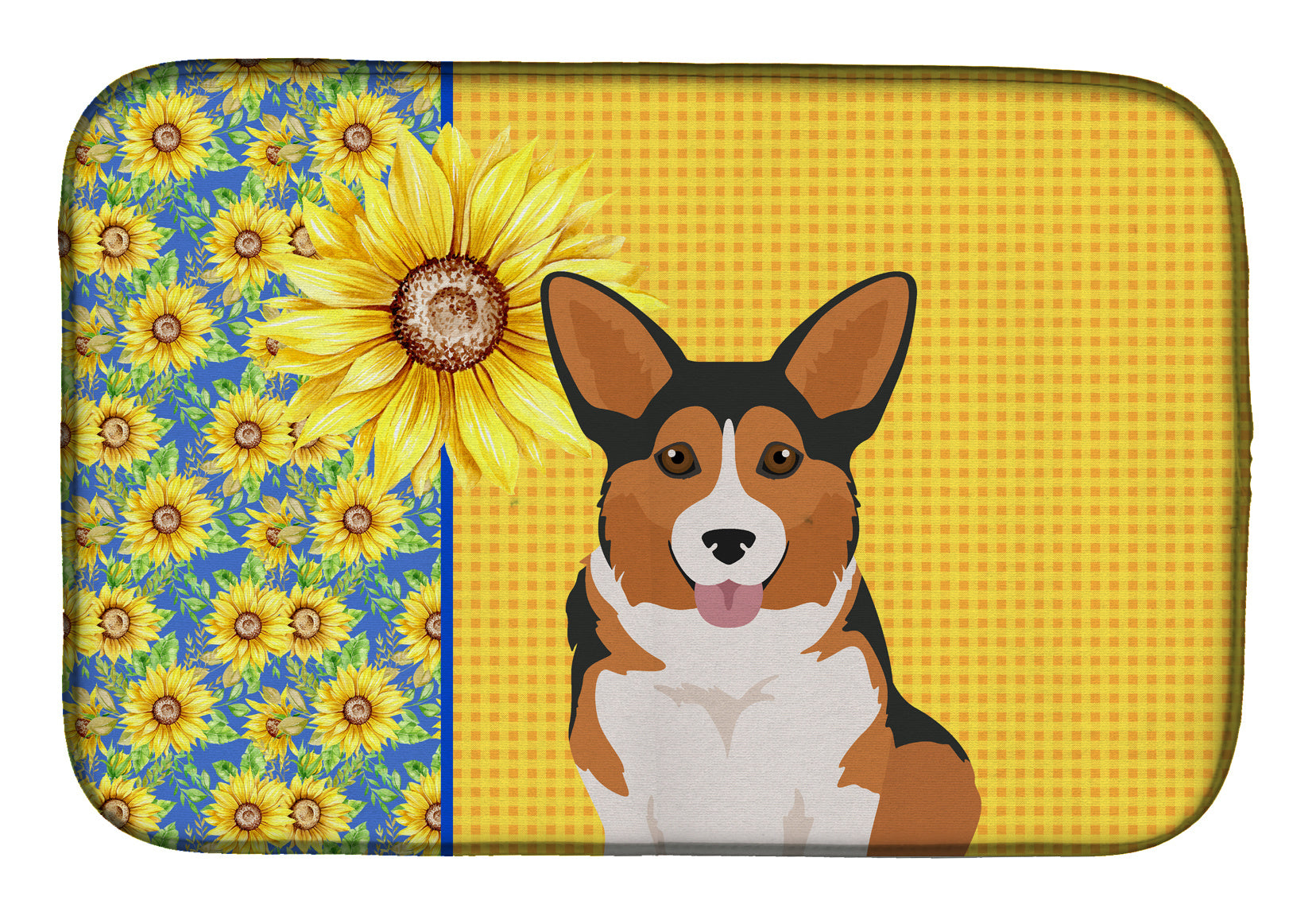 Summer Sunflowers Sable Pembroke Corgi Dish Drying Mat Absorbent Dish Drying Mat Pad for Kitchen Counter Dish Drainer Mat for Countertop, 14 x 21", Multicolor