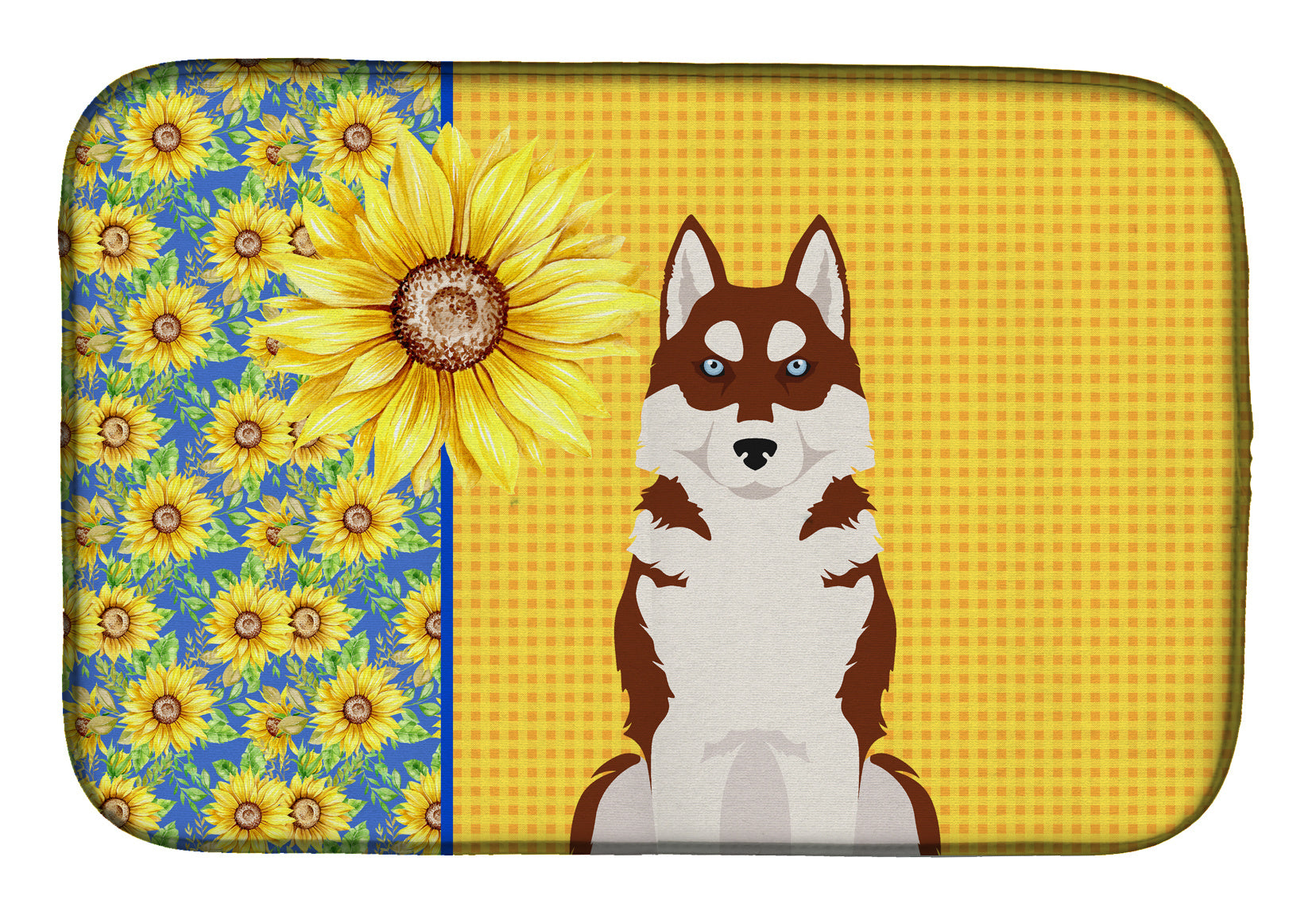 Summer Sunflowers Red Siberian Husky Dish Drying Mat Absorbent Dish Drying Mat Pad for Kitchen Counter Dish Drainer Mat for Countertop, 14 x 21", Multicolor