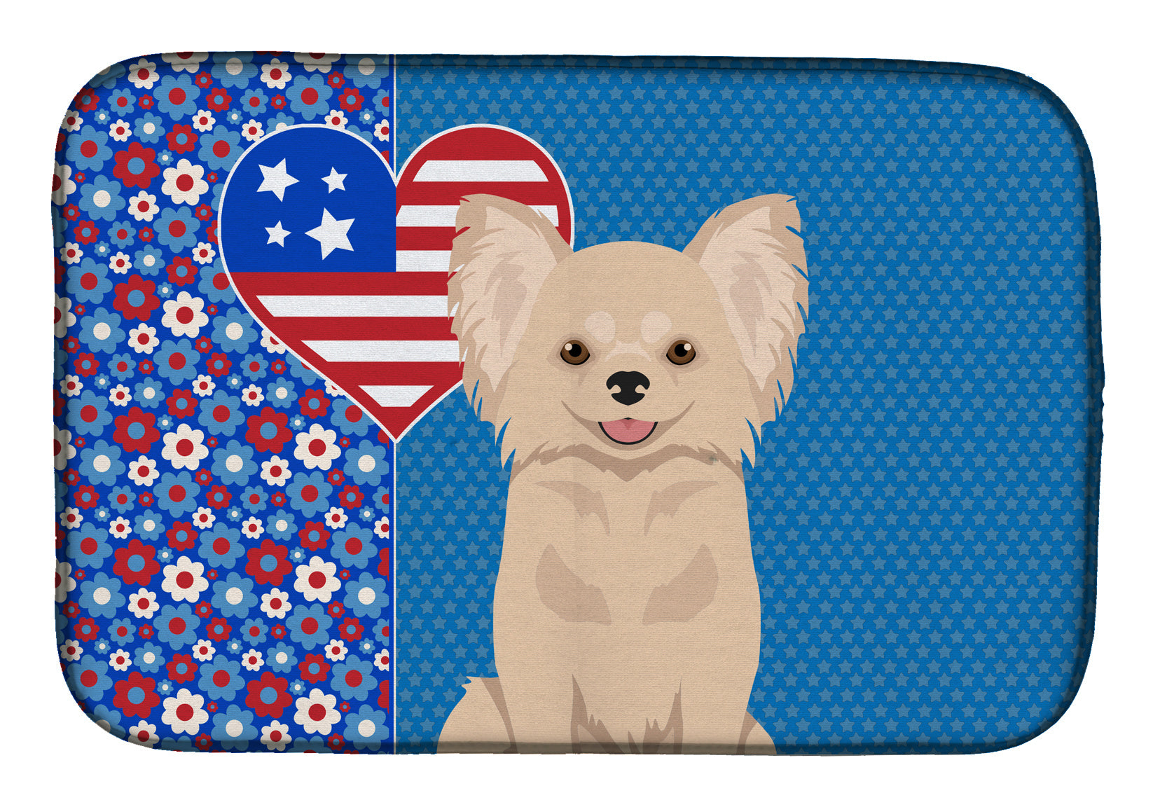 Longhaired Cream Chihuahua USA American Dish Drying Mat Absorbent Dish Drying Mat Pad for Kitchen Counter Dish Drainer Mat for Countertop, 14 x 21", Multicolor