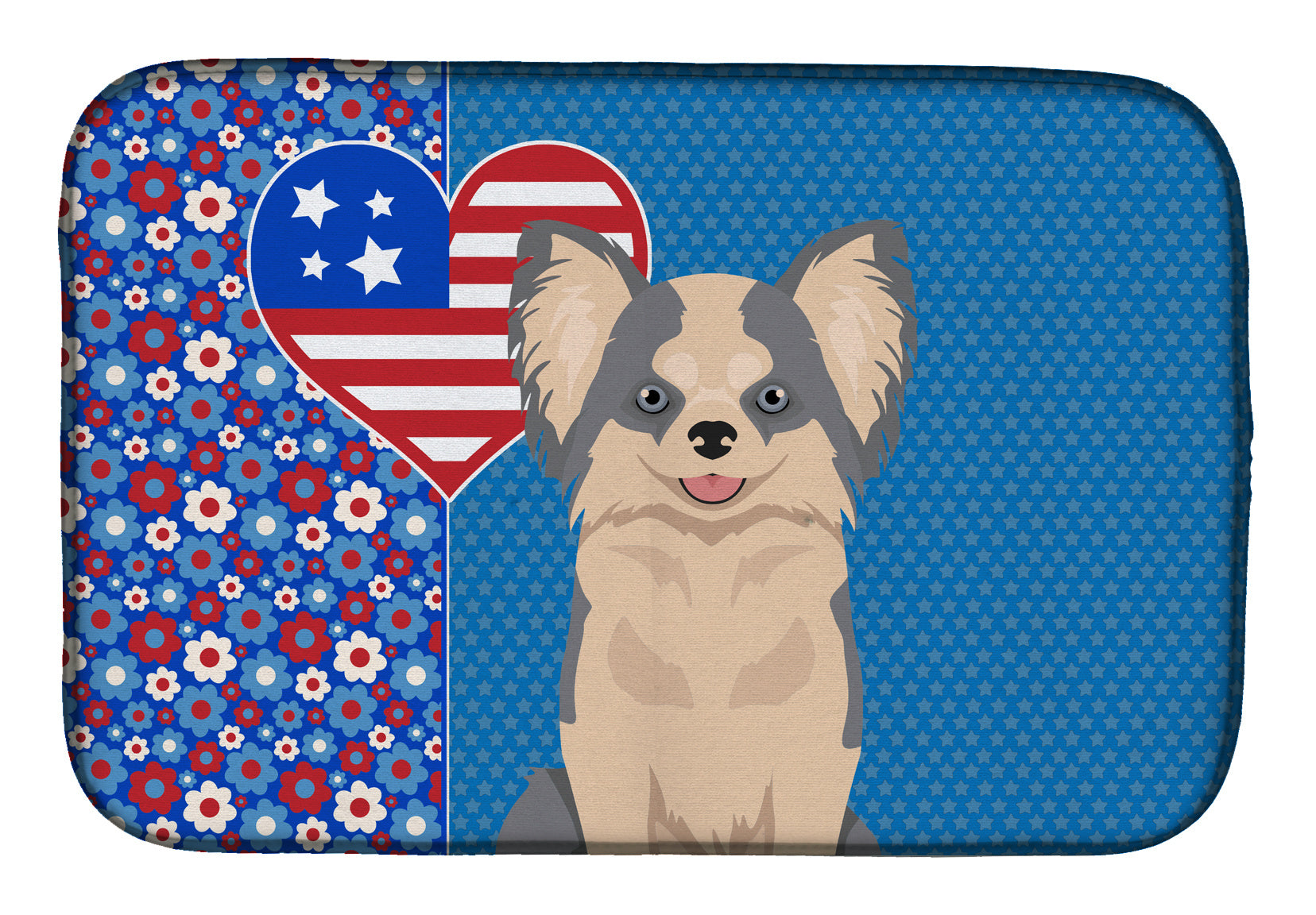 Longhaired Blue and White Chihuahua USA American Dish Drying Mat Absorbent Dish Drying Mat Pad for Kitchen Counter Dish Drainer Mat for Countertop, 14 x 21", Multicolor