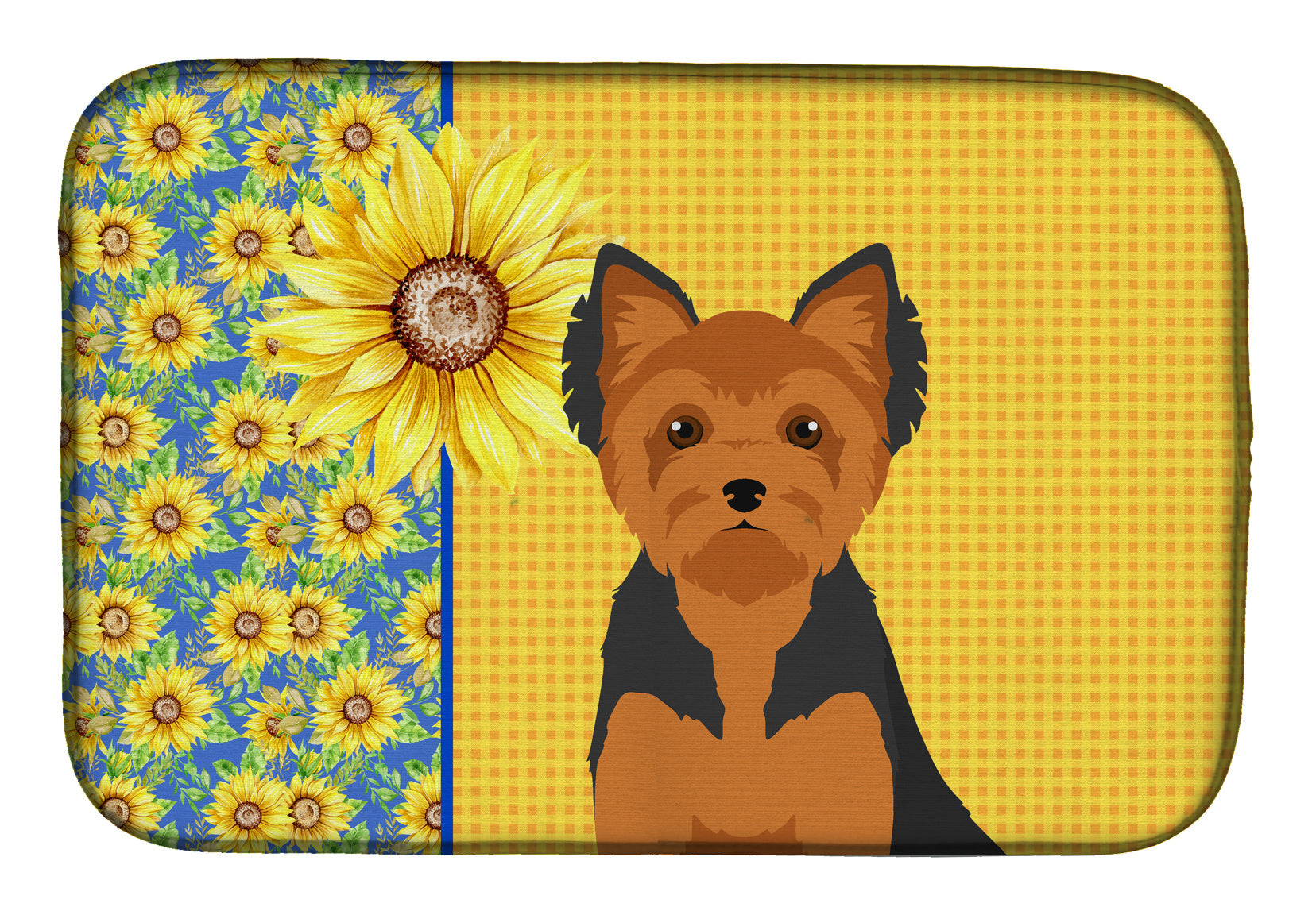 Summer Sunflowers Black and Tan Puppy Cut Yorkshire Terrier Dish Drying Mat Absorbent Dish Drying Mat Pad for Kitchen Counter Dish Drainer Mat for Countertop, 14 x 21", Multicolor