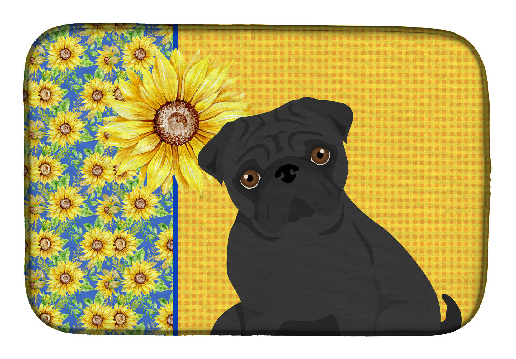 Summer Sunflowers Black Pug Dish Drying Mat Absorbent Dish Drying Mat Pad for Kitchen Counter Dish Drainer Mat for Countertop, 14 x 21", Multicolor