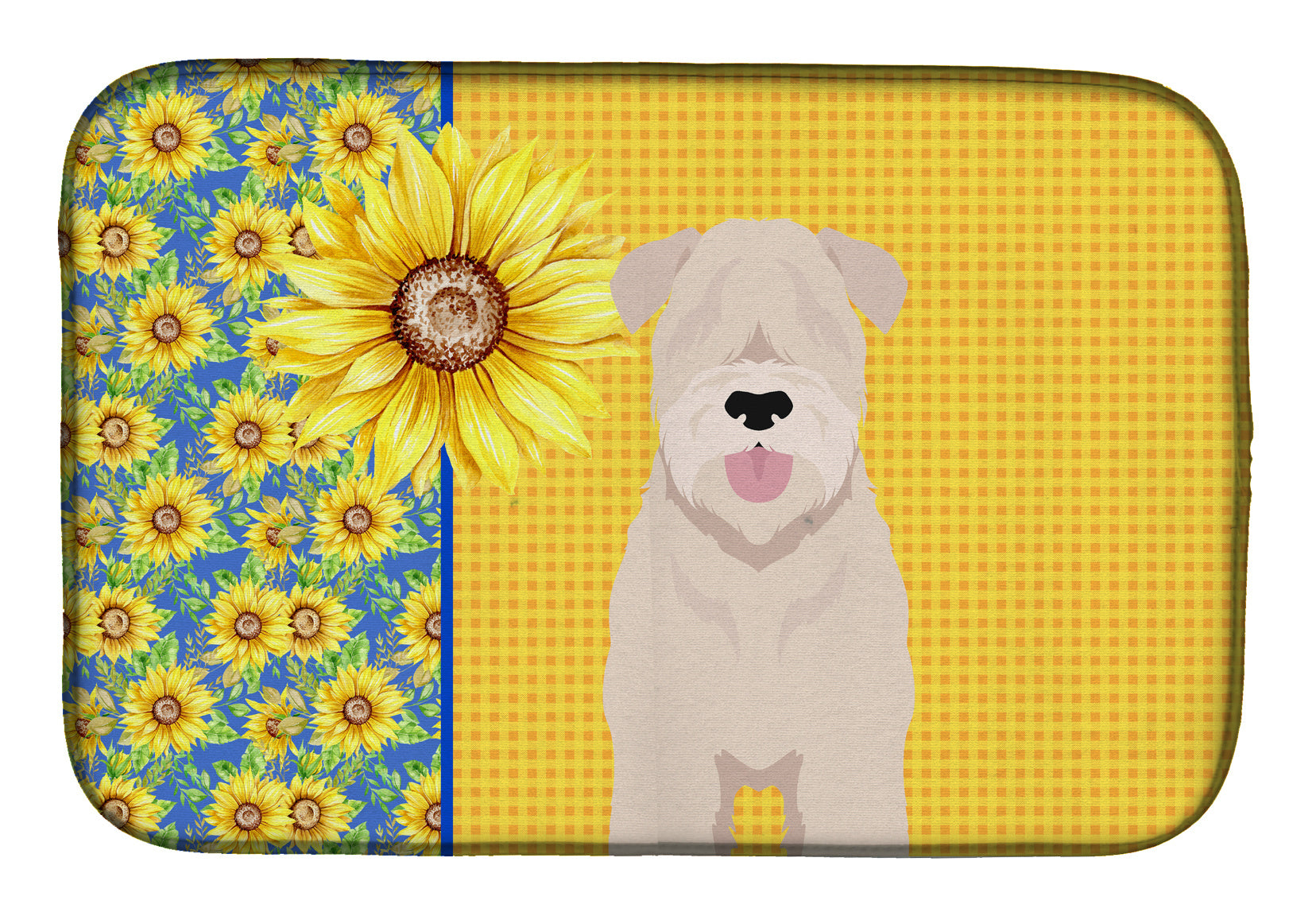 Summer Sunflowers Soft Coated Wheaten Terrier Dish Drying Mat Absorbent Dish Drying Mat Pad for Kitchen Counter Dish Drainer Mat for Countertop, 14 x 21", Multicolor