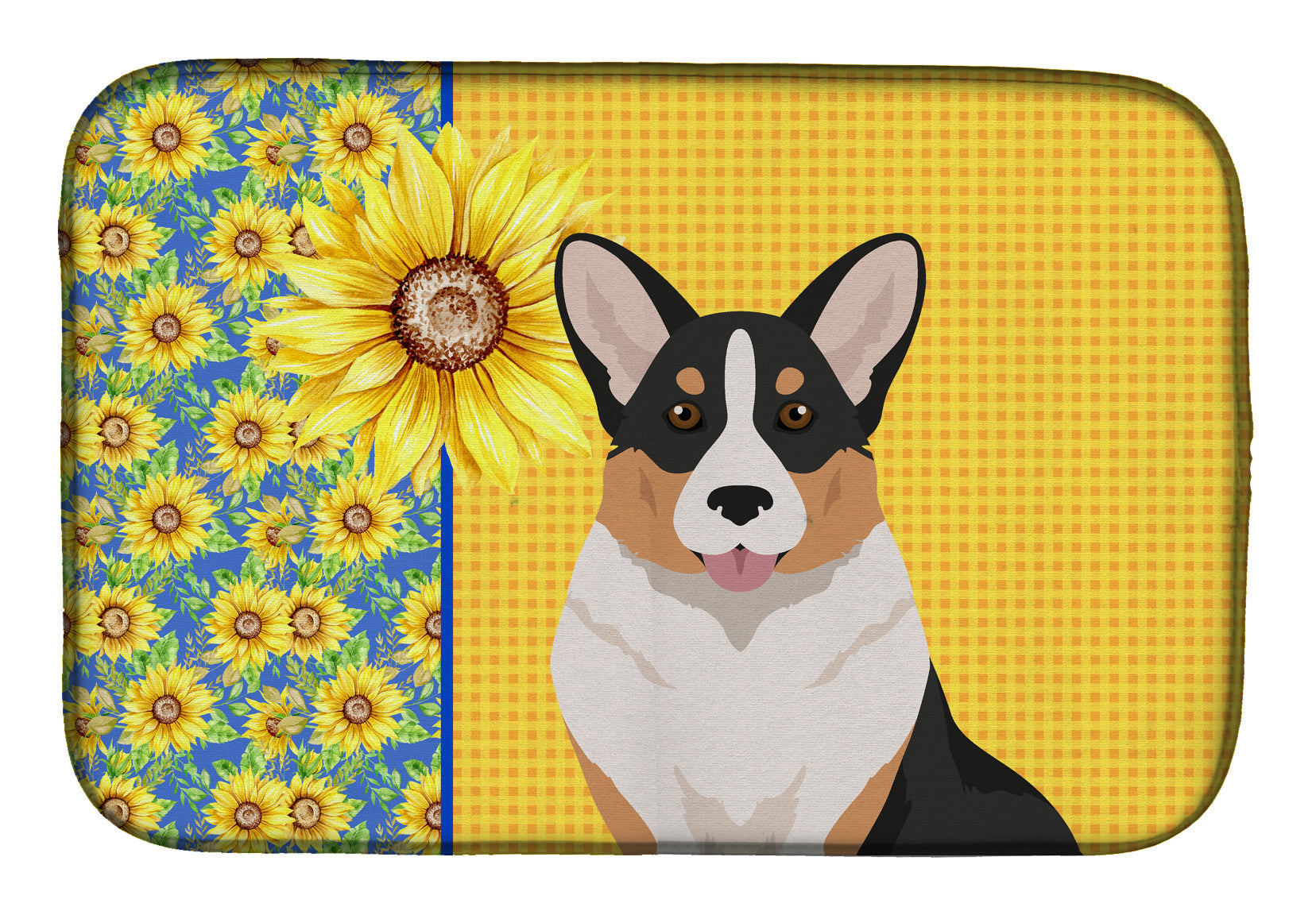 Summer Sunflowers Tricolor Cardigan Corgi Dish Drying Mat Absorbent Dish Drying Mat Pad for Kitchen Counter Dish Drainer Mat for Countertop, 14 x 21", Multicolor