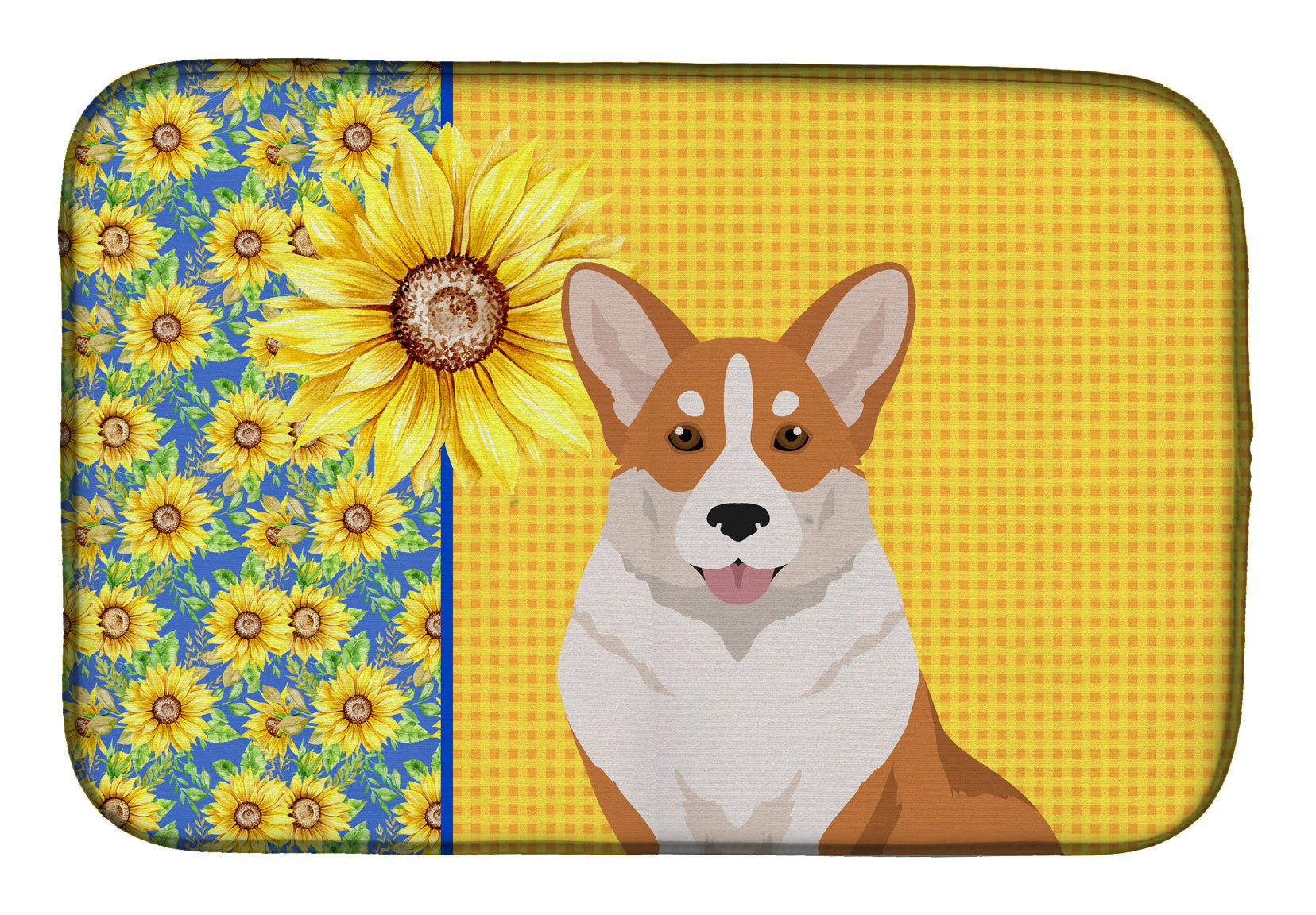 Summer Sunflowers Red Cardigan Corgi Dish Drying Mat Absorbent Dish Drying Mat Pad for Kitchen Counter Dish Drainer Mat for Countertop, 14 x 21", Multicolor