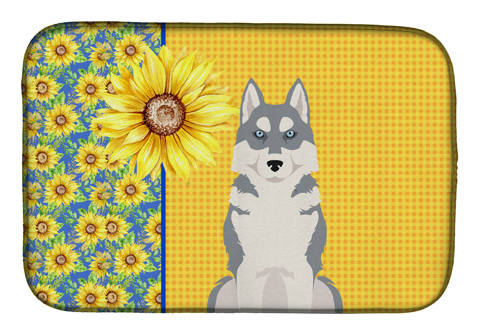 Summer Sunflowers Grey Siberian Husky Dish Drying Mat Absorbent Dish Drying Mat Pad for Kitchen Counter Dish Drainer Mat for Countertop, 14 x 21", Multicolor