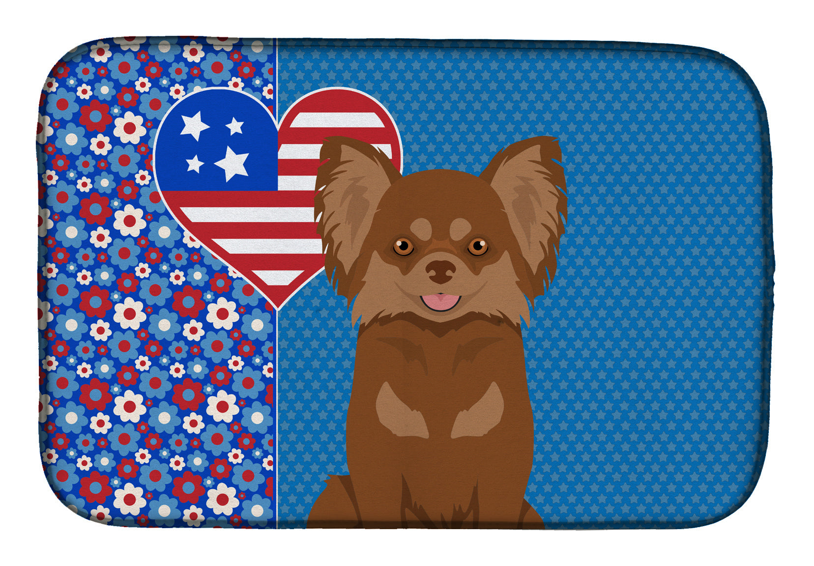 Longhaired Chocolate and Tan Chihuahua USA American Dish Drying Mat Absorbent Dish Drying Mat Pad for Kitchen Counter Dish Drainer Mat for Countertop, 14 x 21", Multicolor