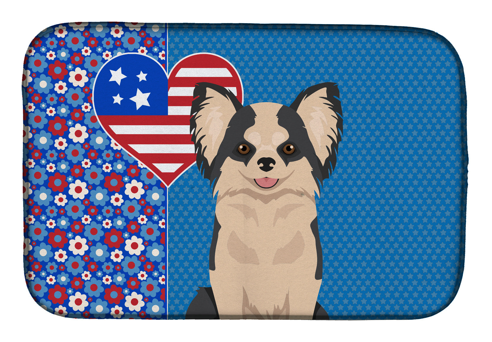 Longhaired Black and White #2 Chihuahua USA American Dish Drying Mat Absorbent Dish Drying Mat Pad for Kitchen Counter Dish Drainer Mat for Countertop, 14 x 21", Multicolor