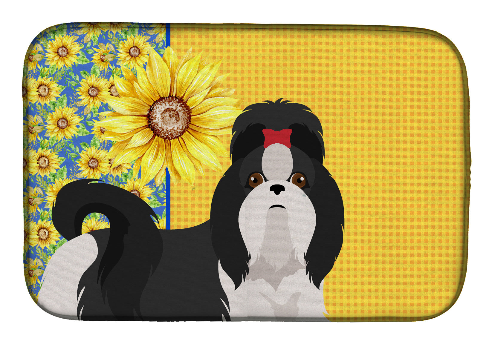 Summer Sunflowers Black and White Shih Tzu Dish Drying Mat Absorbent Dish Drying Mat Pad for Kitchen Counter Dish Drainer Mat for Countertop, 14 x 21", Multicolor