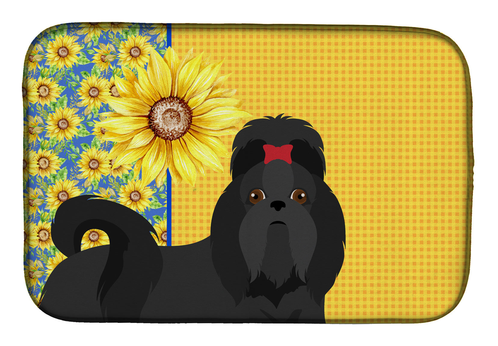 Summer Sunflowers Black Shih Tzu Dish Drying Mat Absorbent Dish Drying Mat Pad for Kitchen Counter Dish Drainer Mat for Countertop, 14 x 21", Multicolor